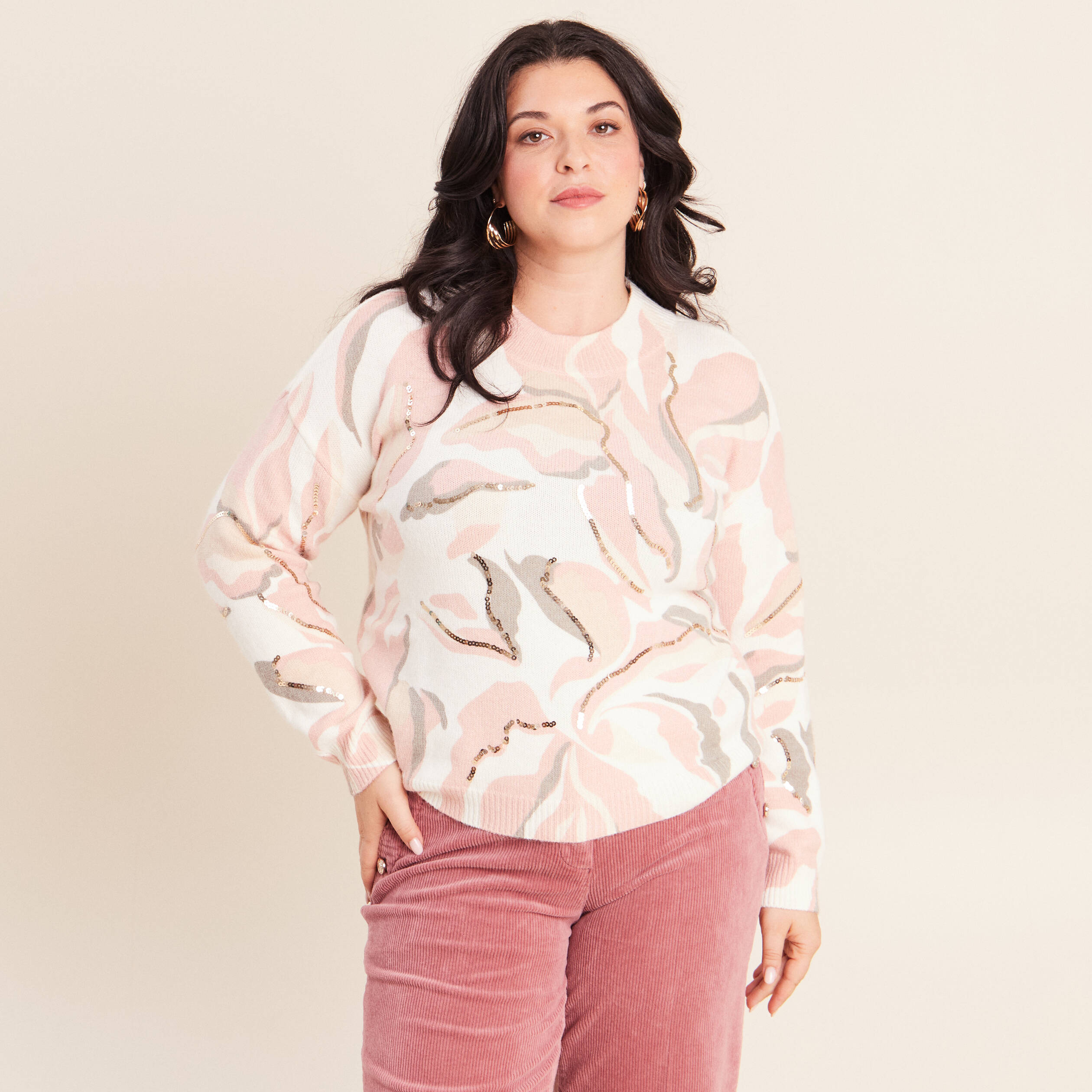 Pull col rond &agrave; sequins rose femme