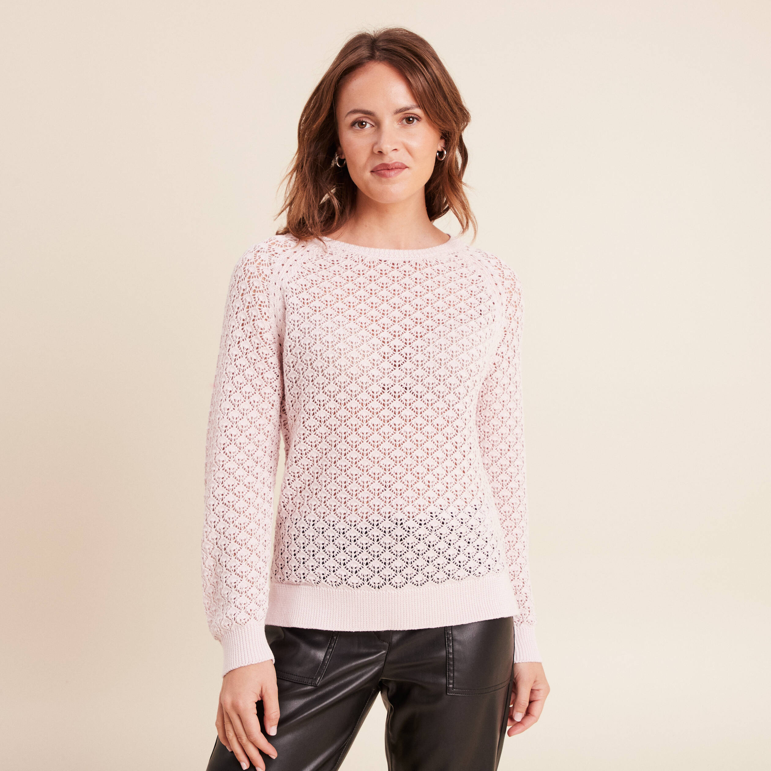 Pull col rond manches longues rose clair femme