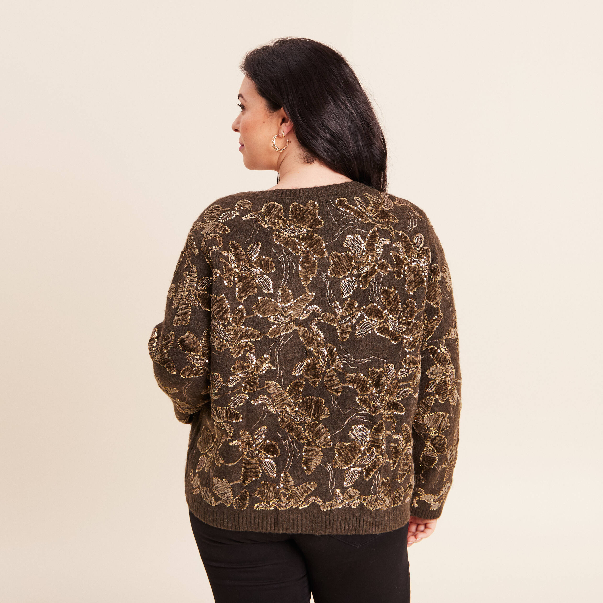 Gilet droit brod&eacute; &agrave; sequins vert kaki femme