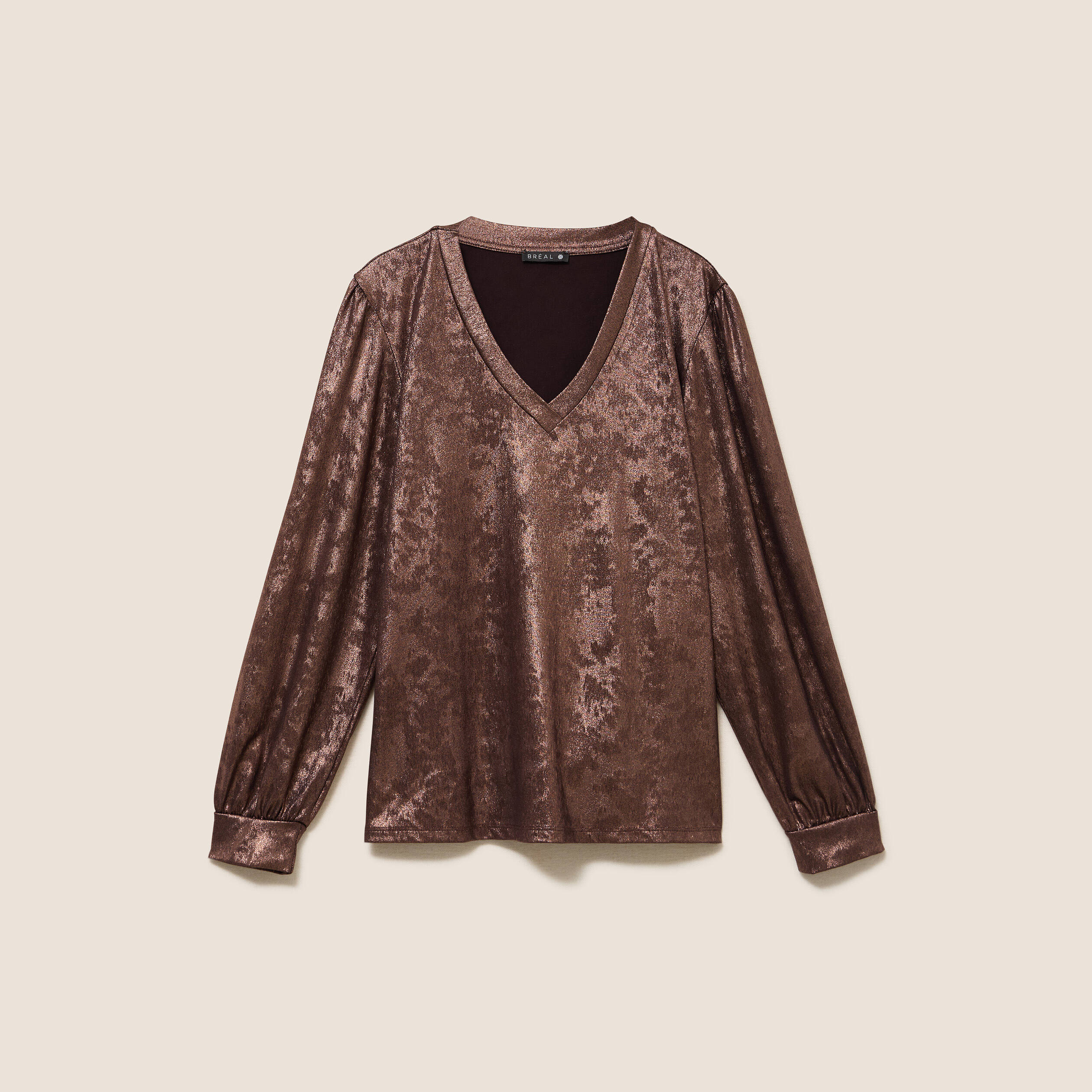 Blouse col v manches longues marron fonc&eacute; femme