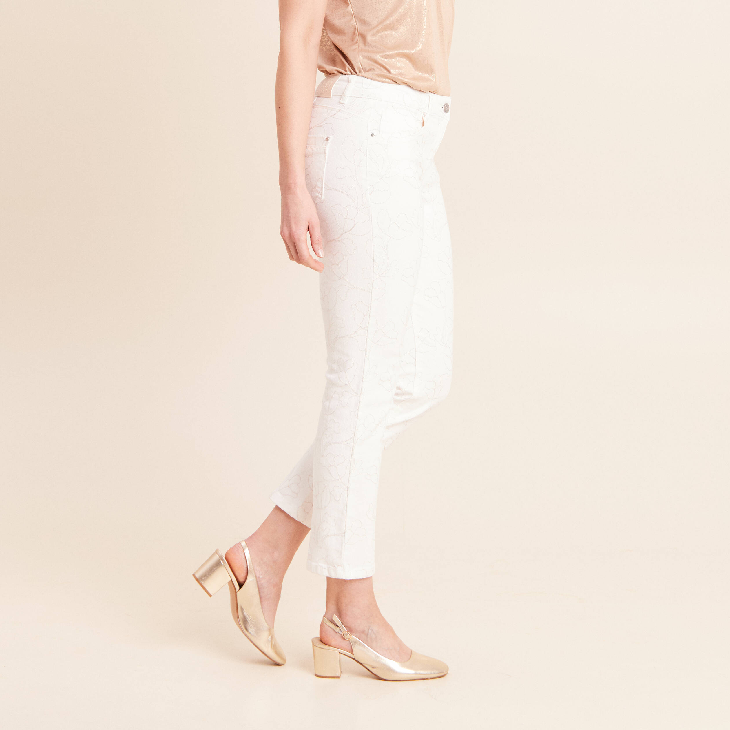 Jean coupe droite 7/8&egrave;me taille bascul&eacute;e blanc femme