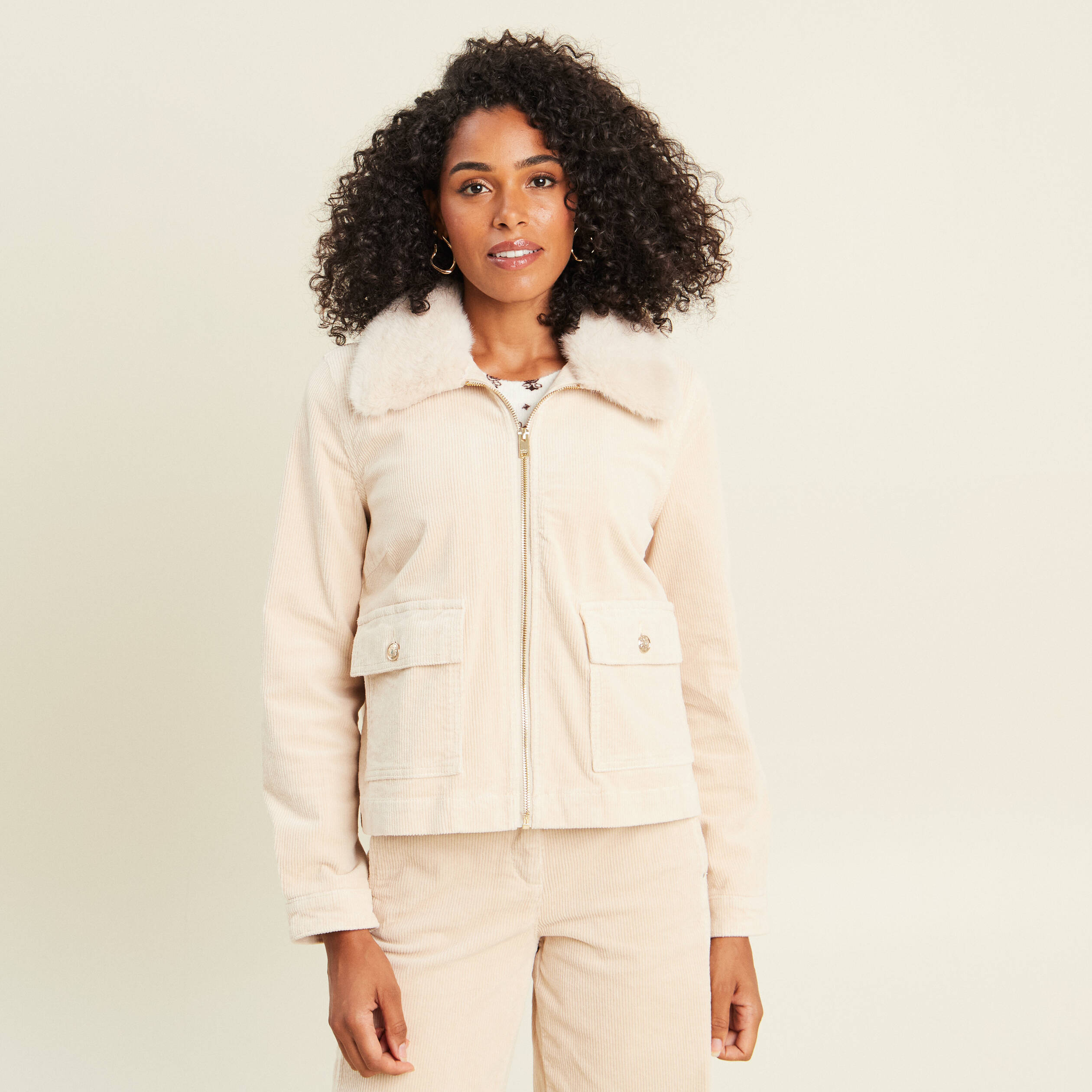 Blouson droit velours manches longues sable femme