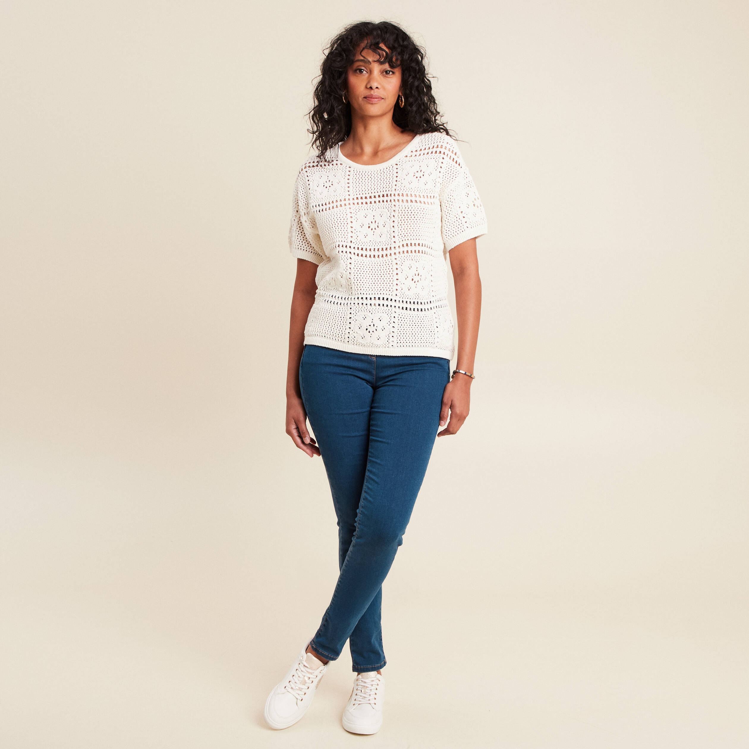 jeans leger taille haute long denim double stone femme Jeans léger taille haute long denim double stone femme