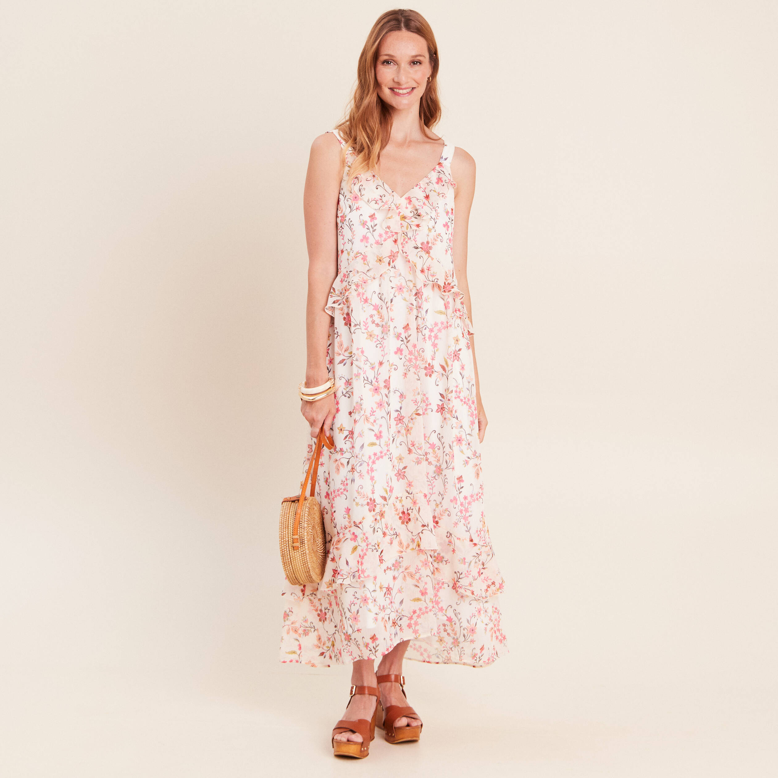 Robe longue &eacute;vas&eacute;e sans manches doubl&eacute;e multicolore femme