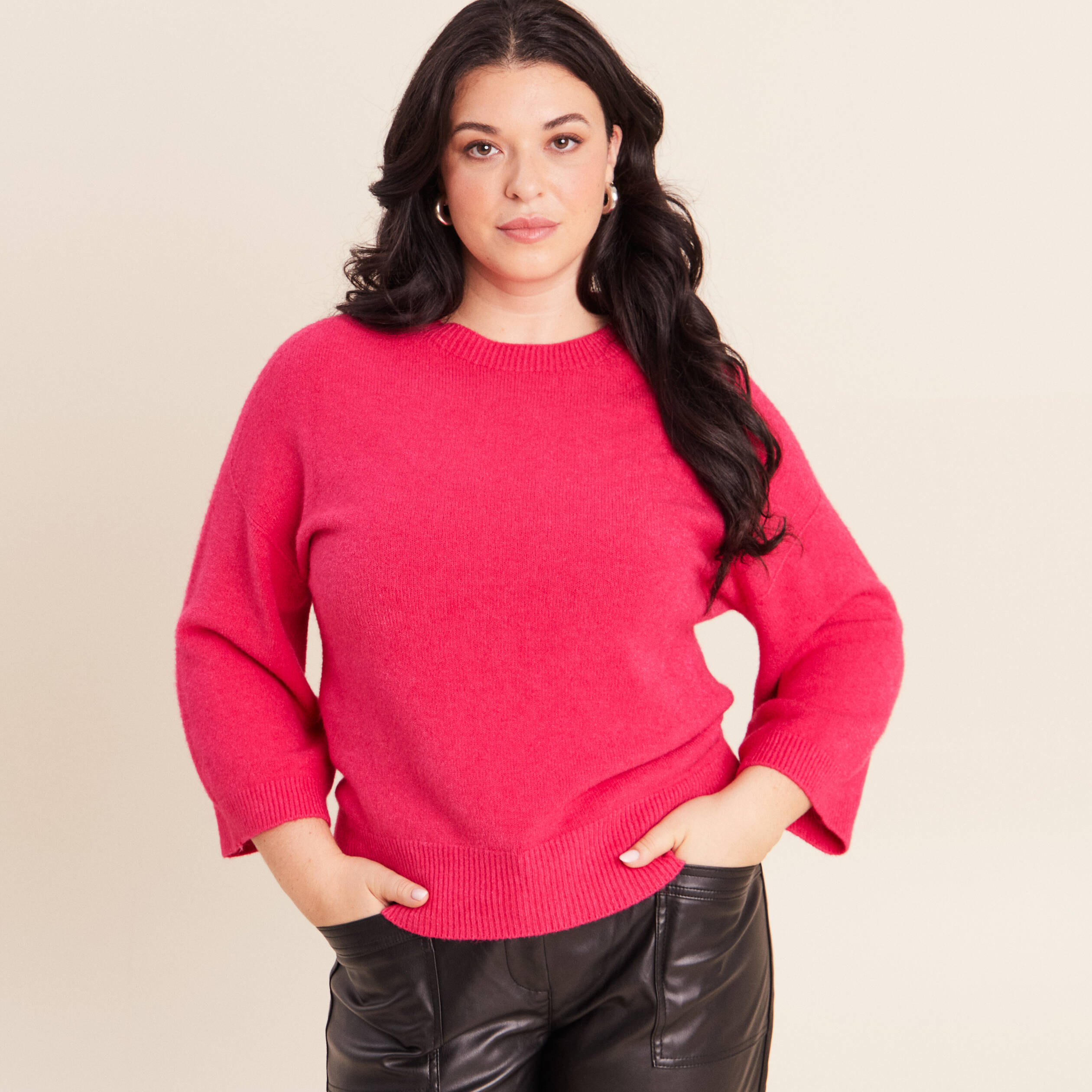 Pull droit col rond manches 3/4 rose femme