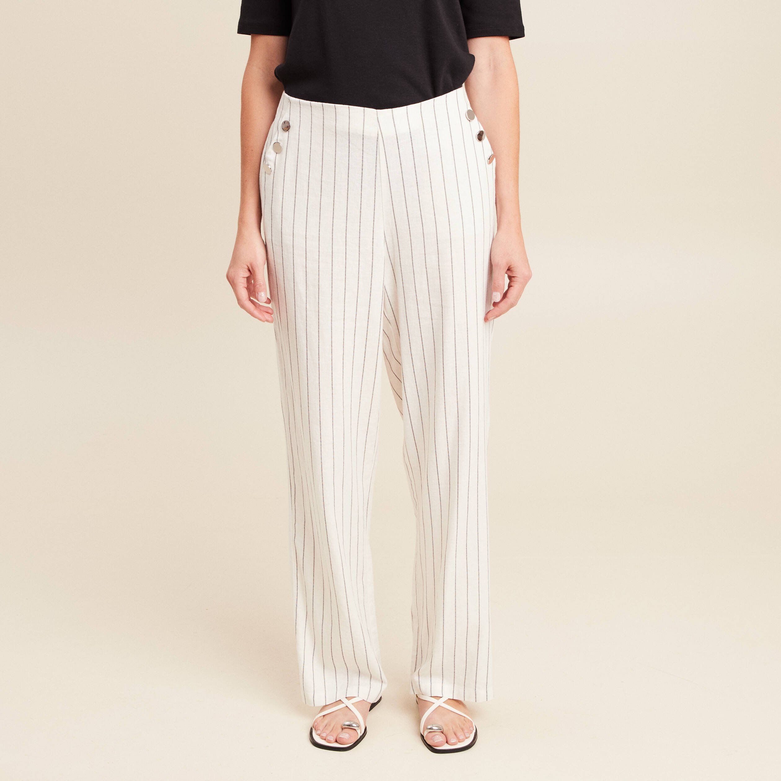 pantalon taille haute aspect lin blanc femme Pantalon taille haute aspect lin blanc femme