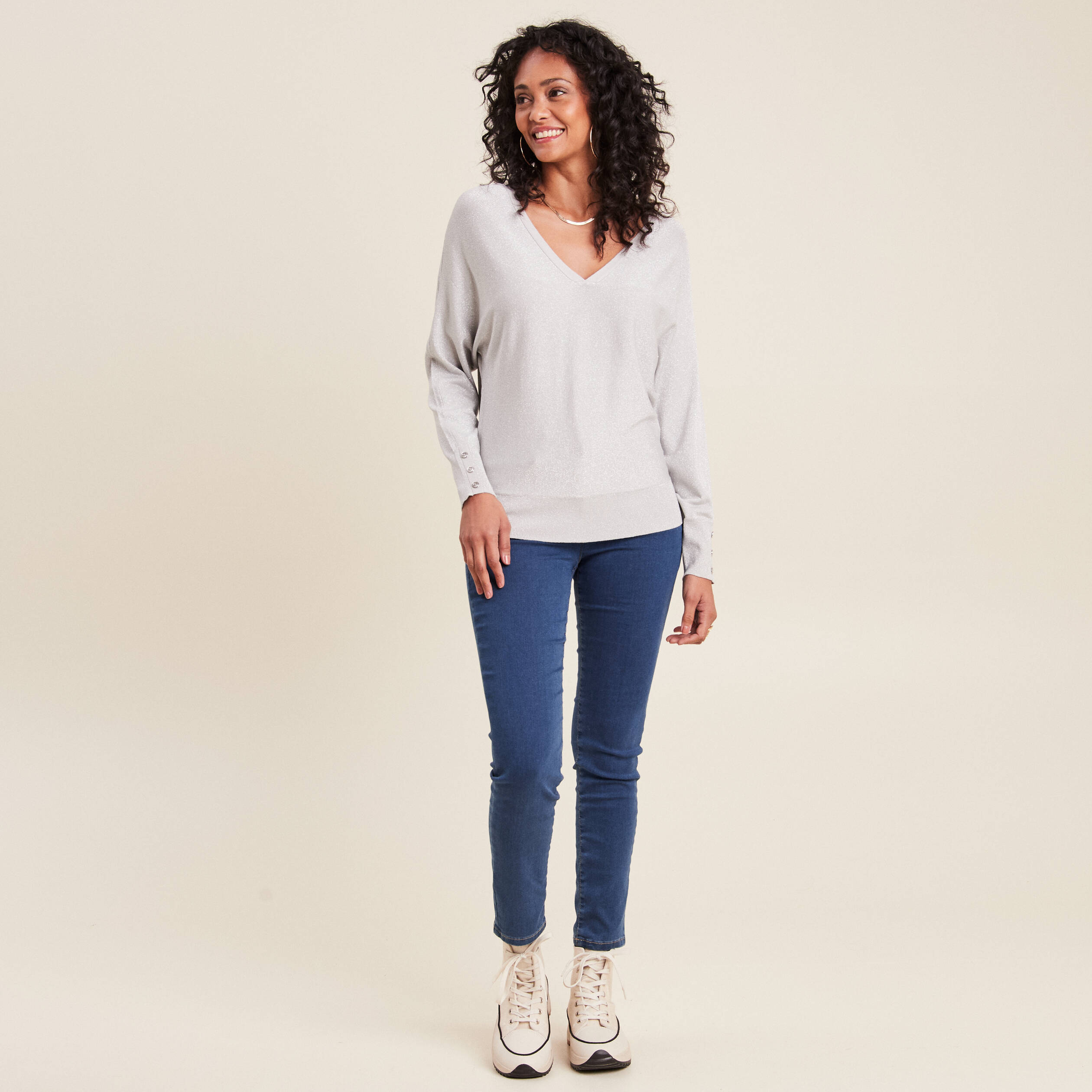 Pull manches longues couleur argent femme