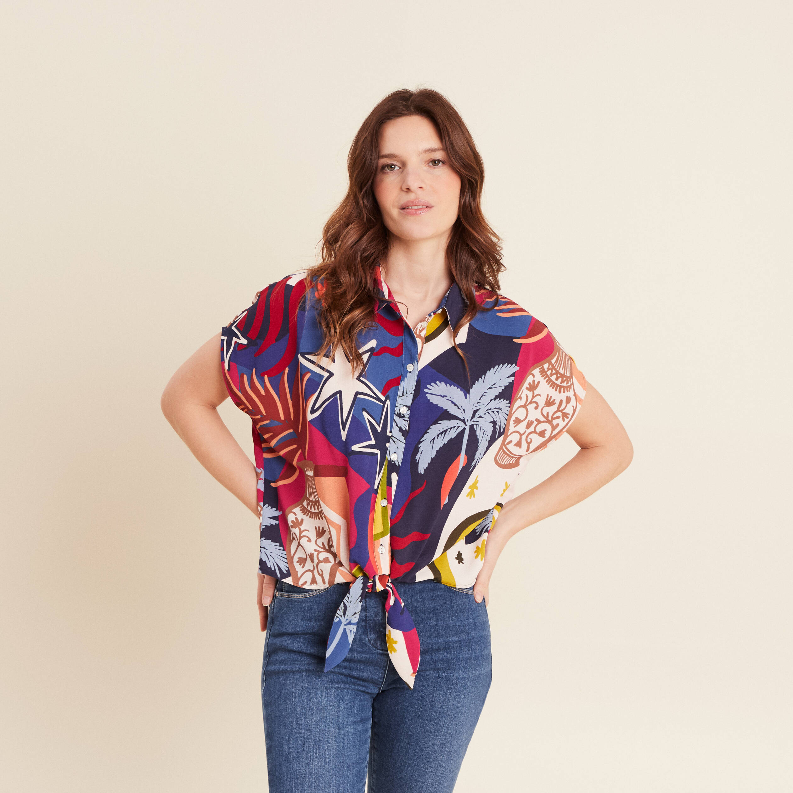 Chemise manches courtes nou&eacute;e bleu femme