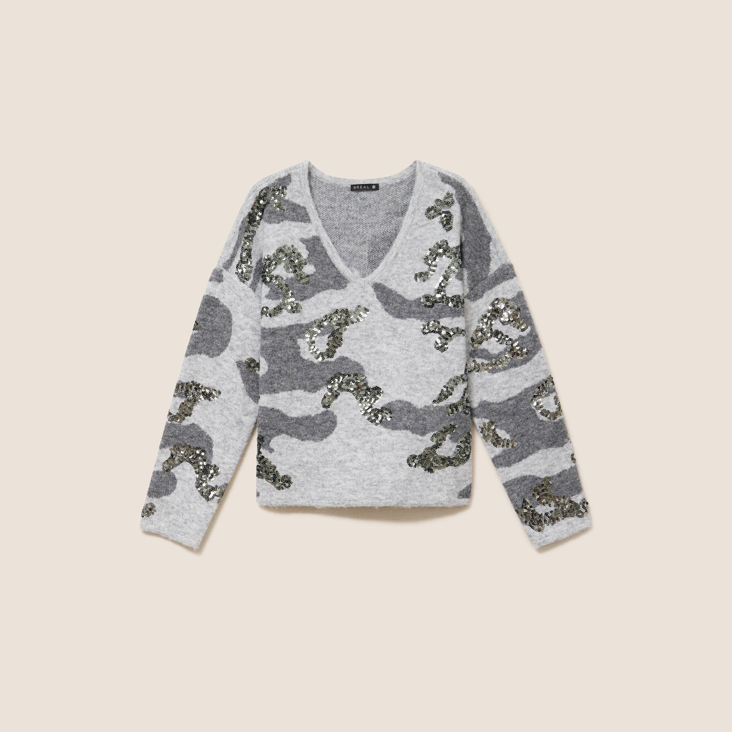Pull col v &agrave; sequins gris femme