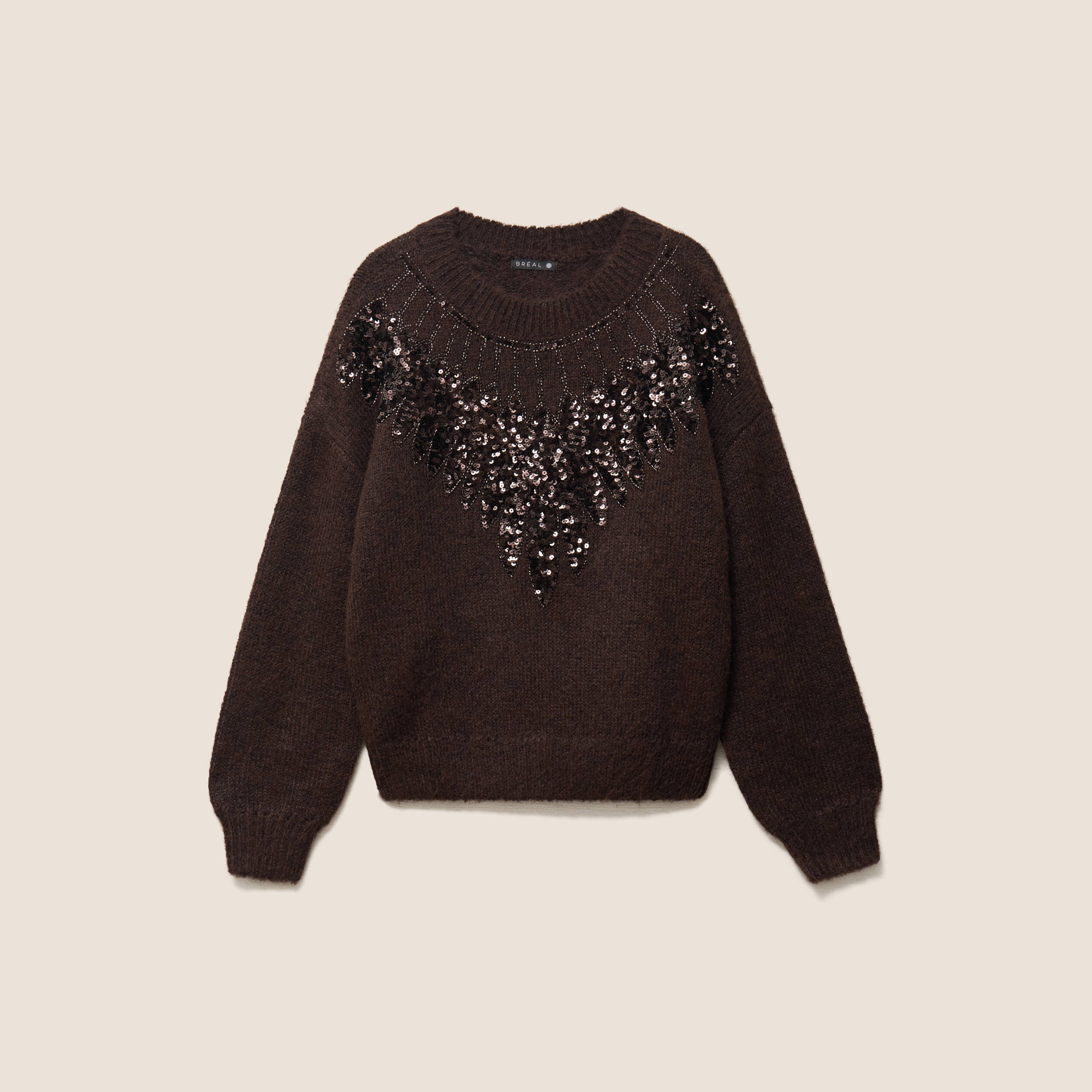 Pull col rond &agrave; sequins marron fonc&eacute; femme