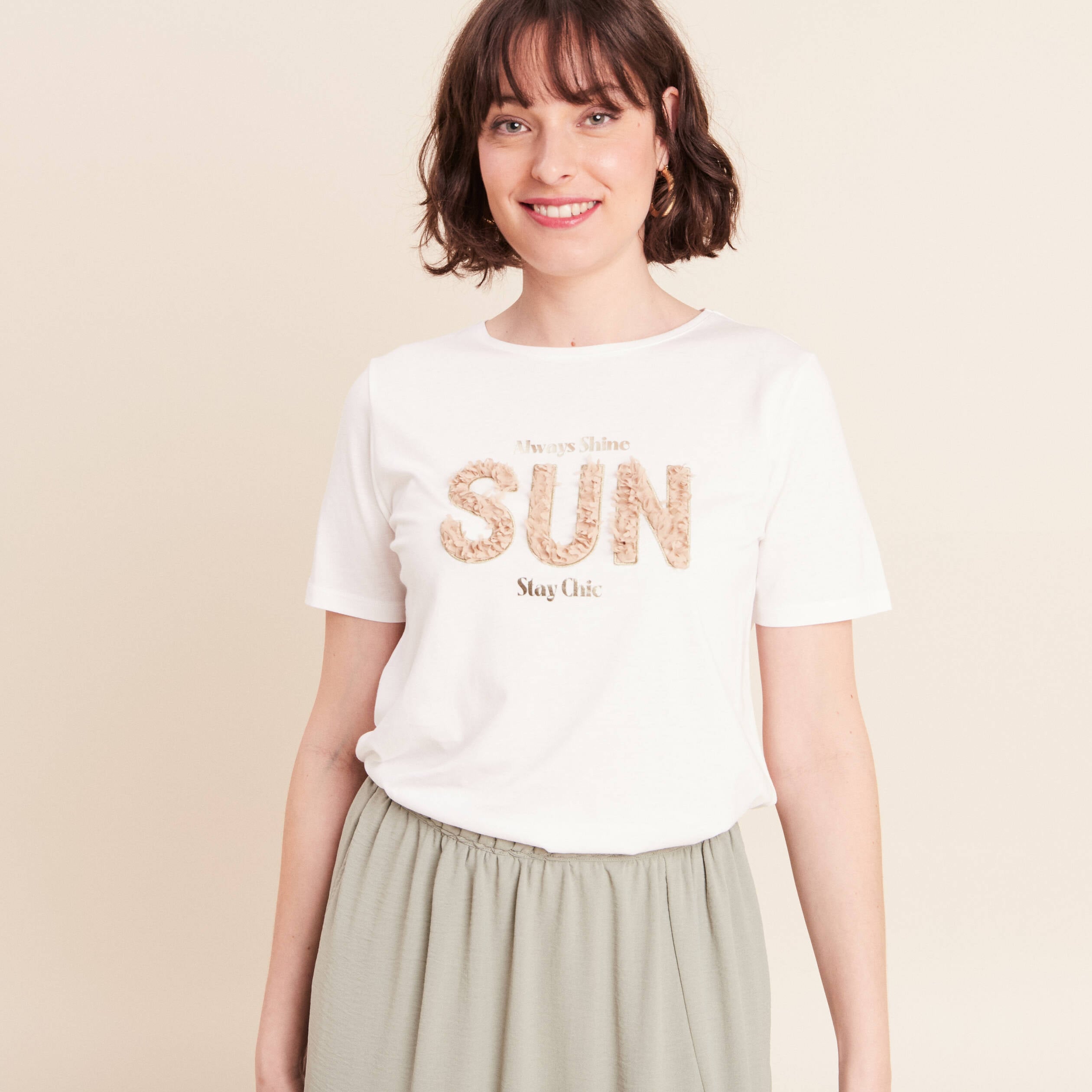 T-shirt col rond manches courtes ecru femme