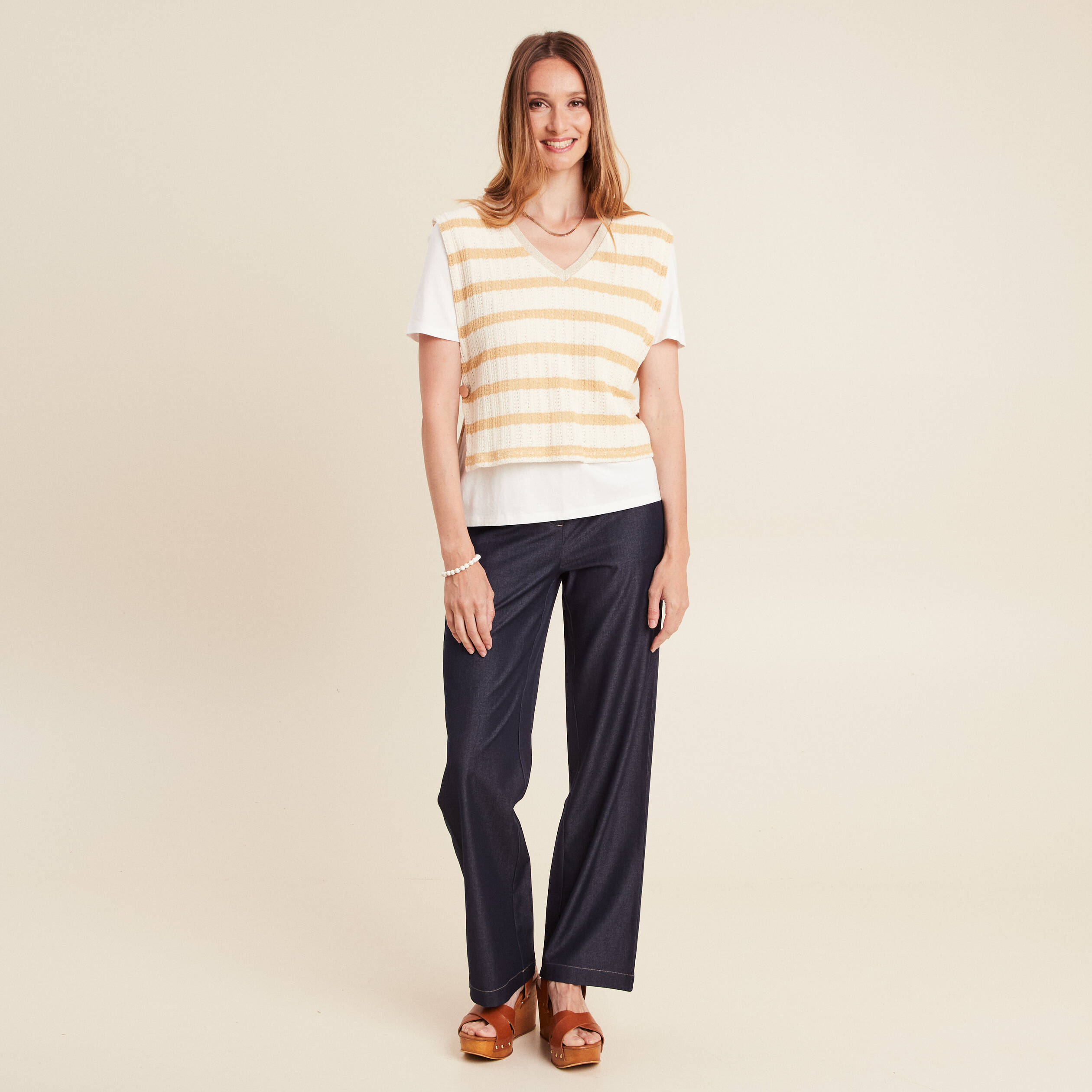 Pantalon large taille haute denim stone femme