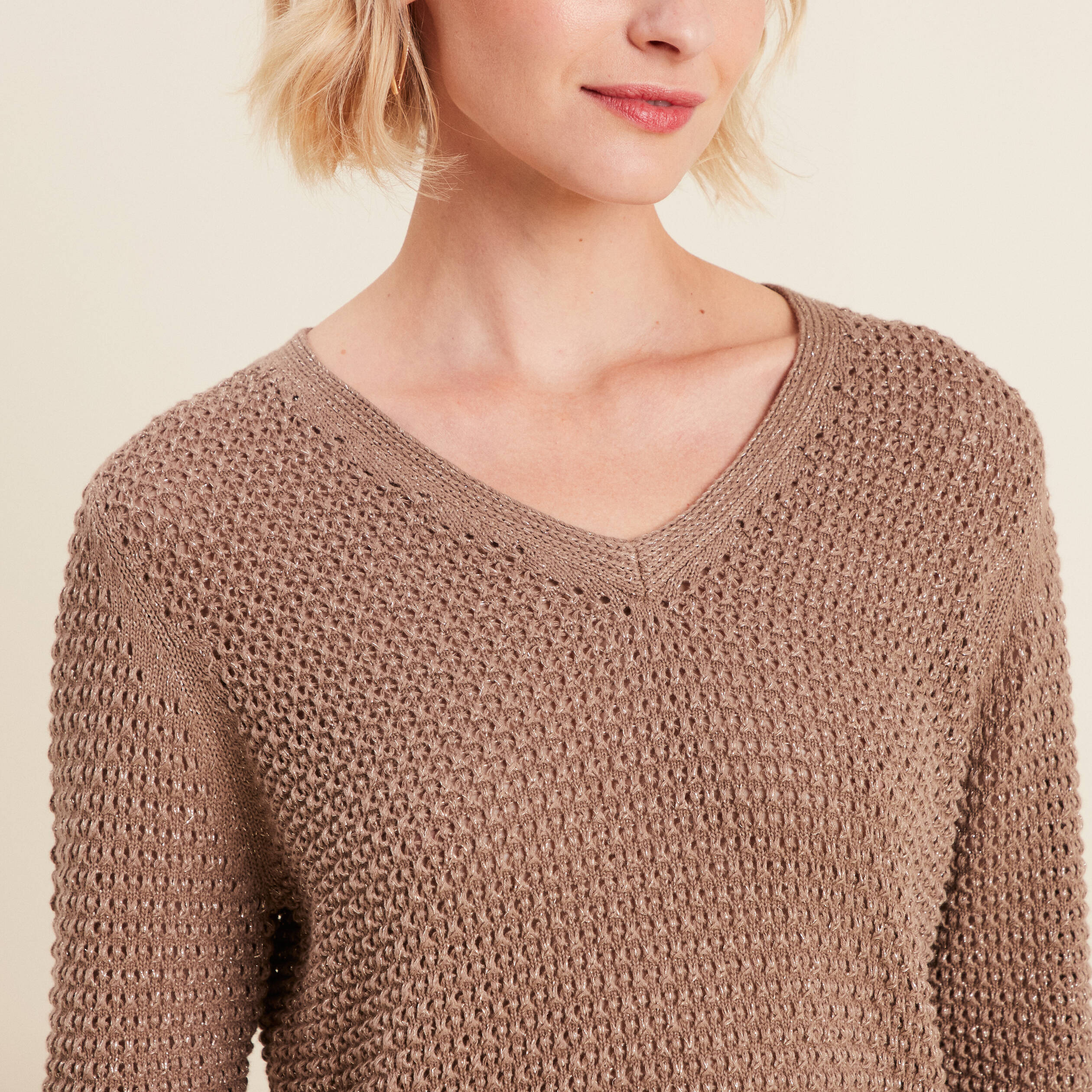 pull manches longues col en v taupe femme Pull manches longues col en V taupe femme