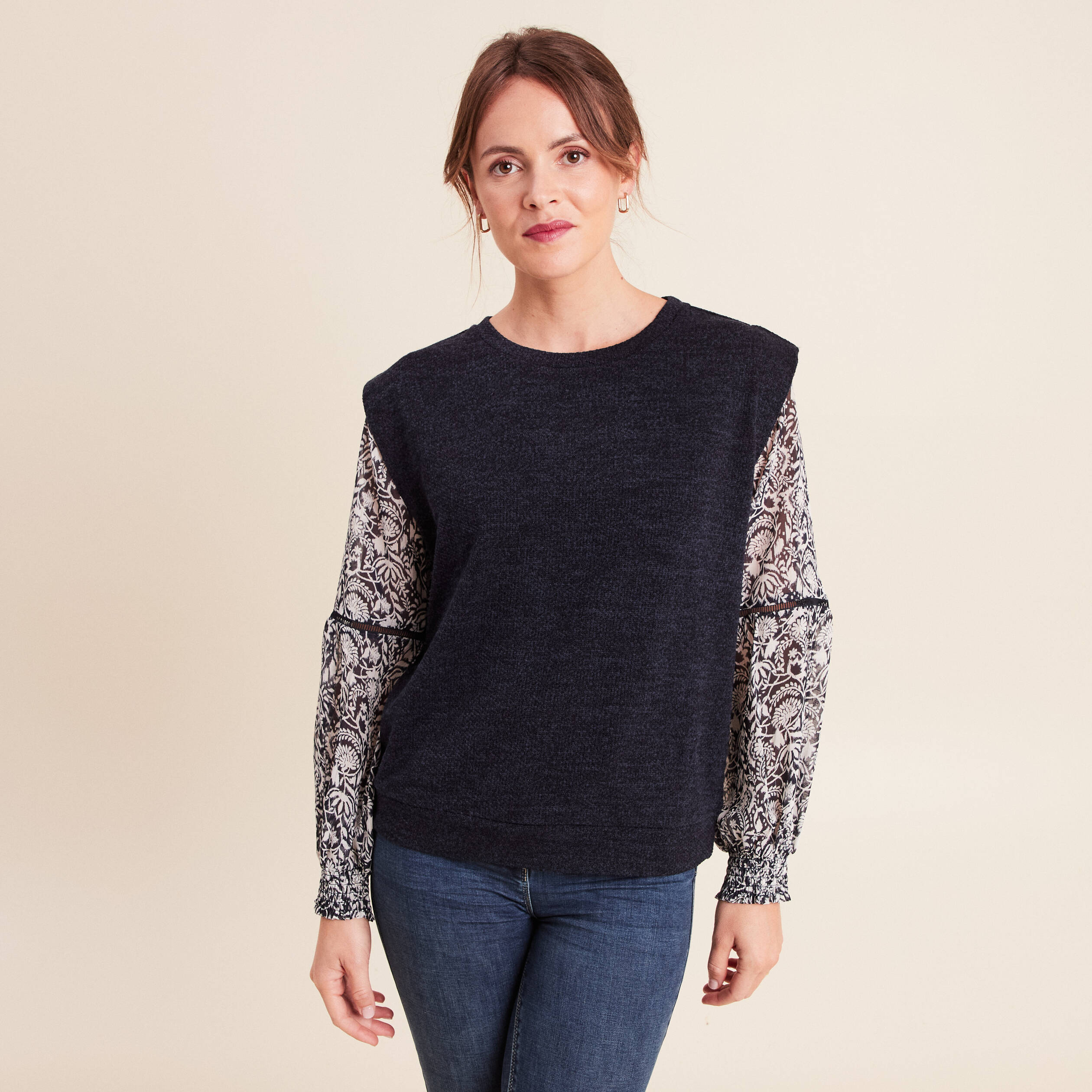 T-shirt col rond manches longues bleu femme