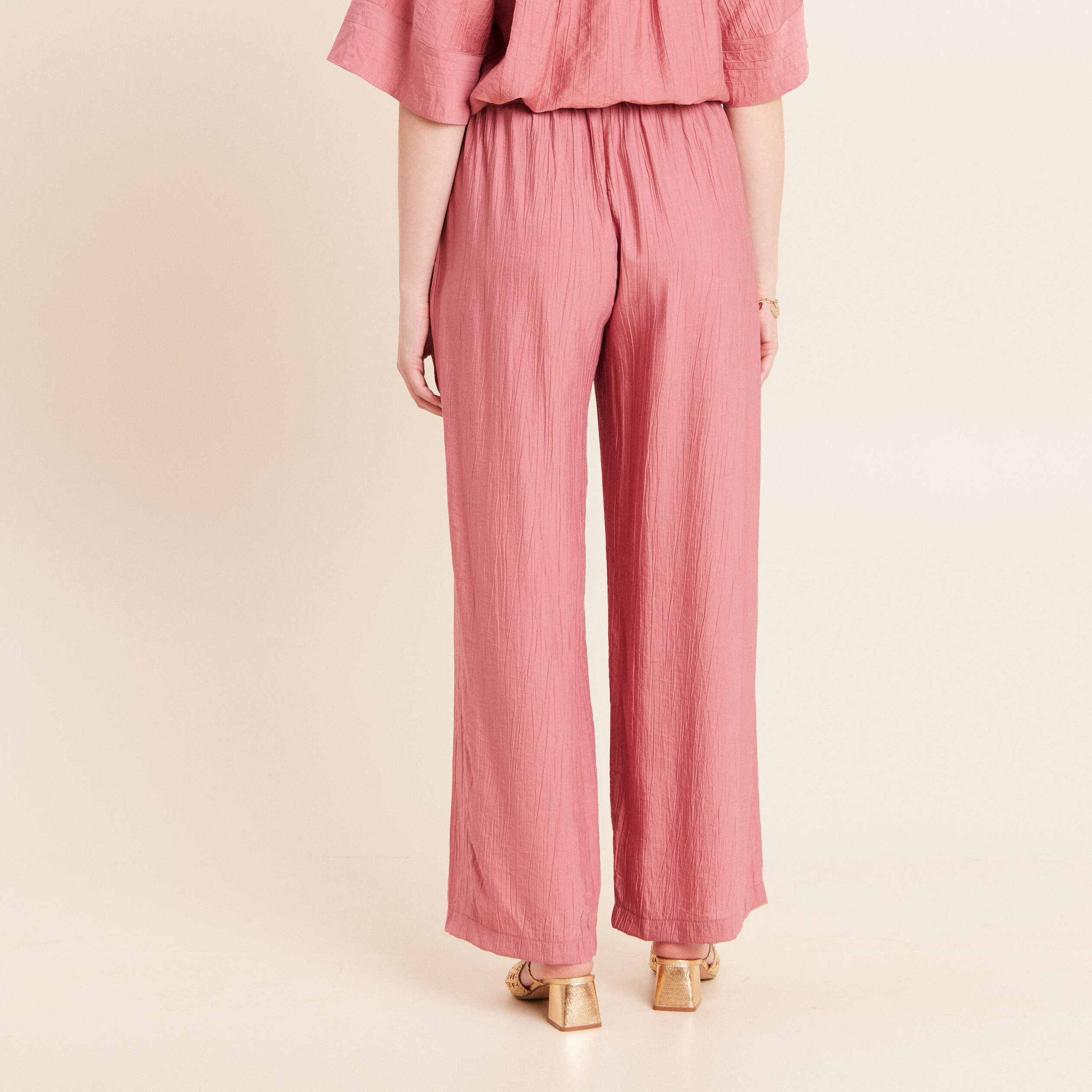 Pantalon fluide taille haute mauve femme