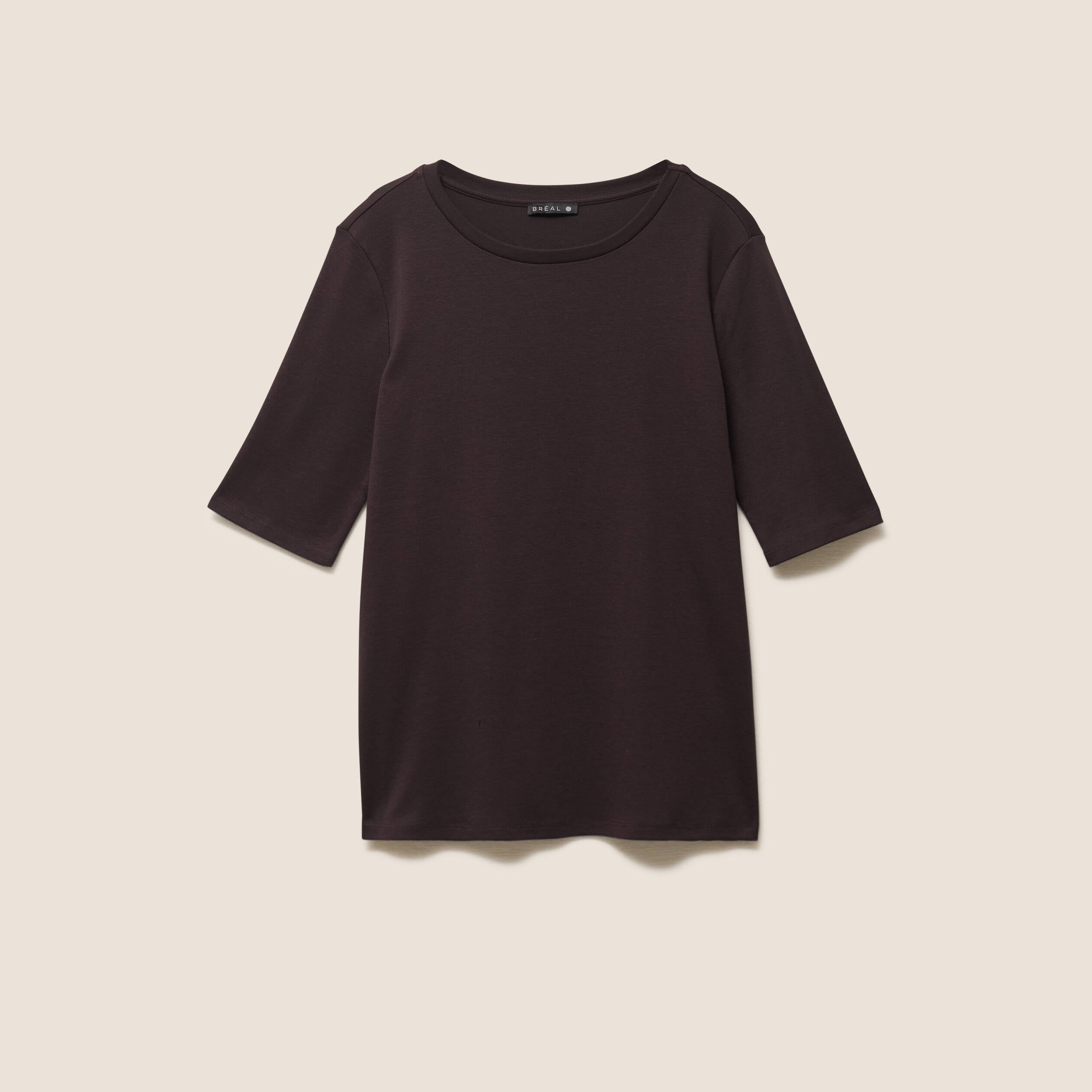 T-shirt ajust&eacute; col rond manches coudes marron fonc&eacute; femme