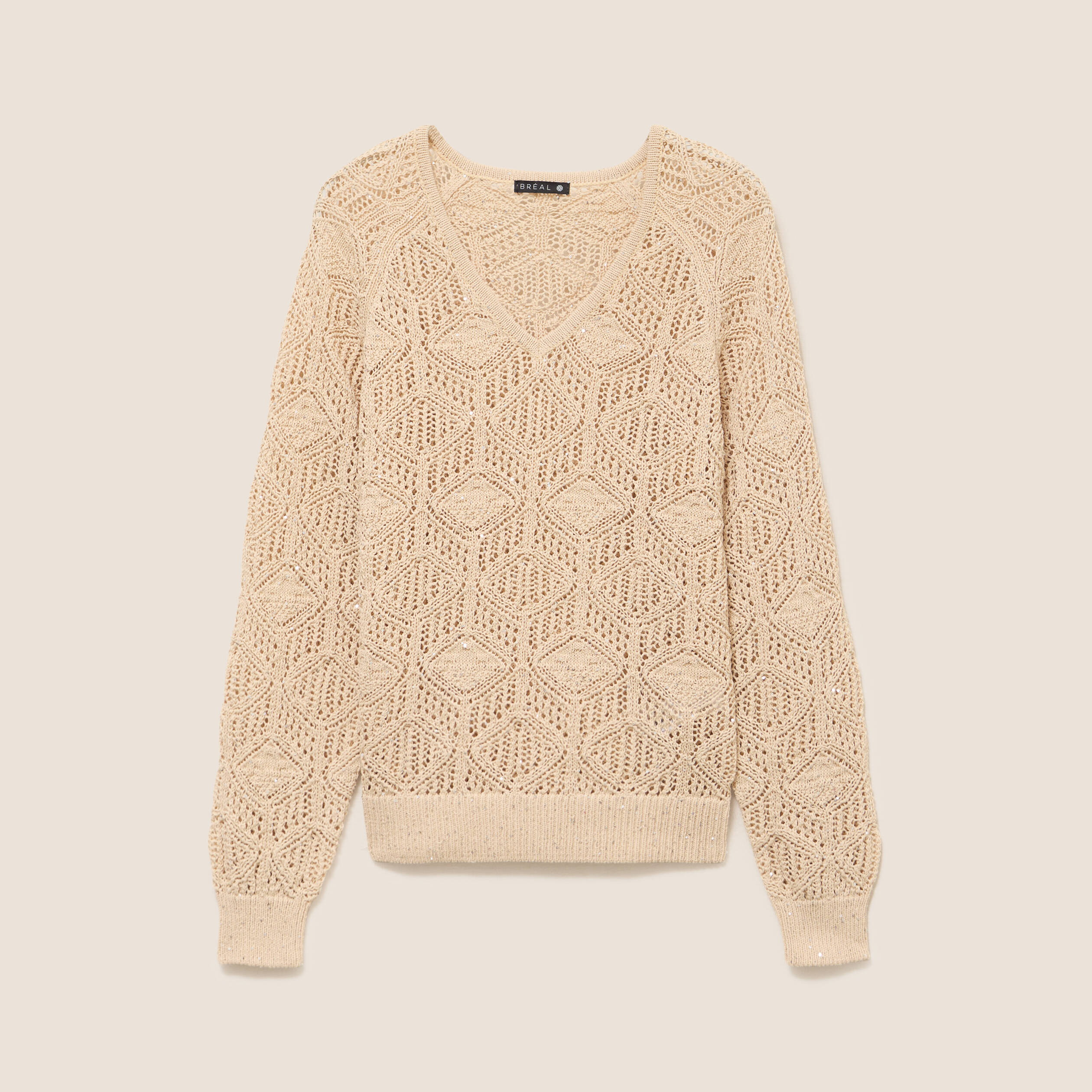 Pull col v manches longues dentelle sable femme