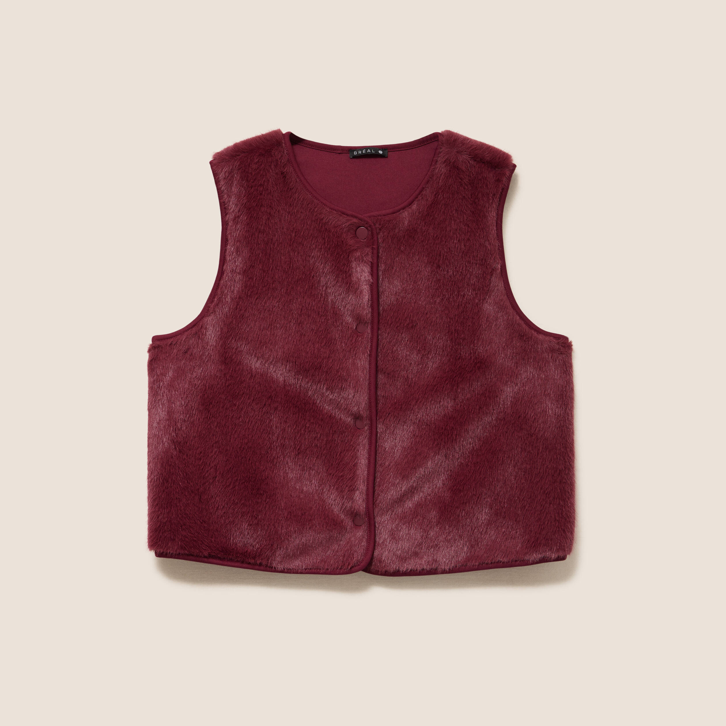 Gilet droit sans manches fausse fourrure bordeaux femme