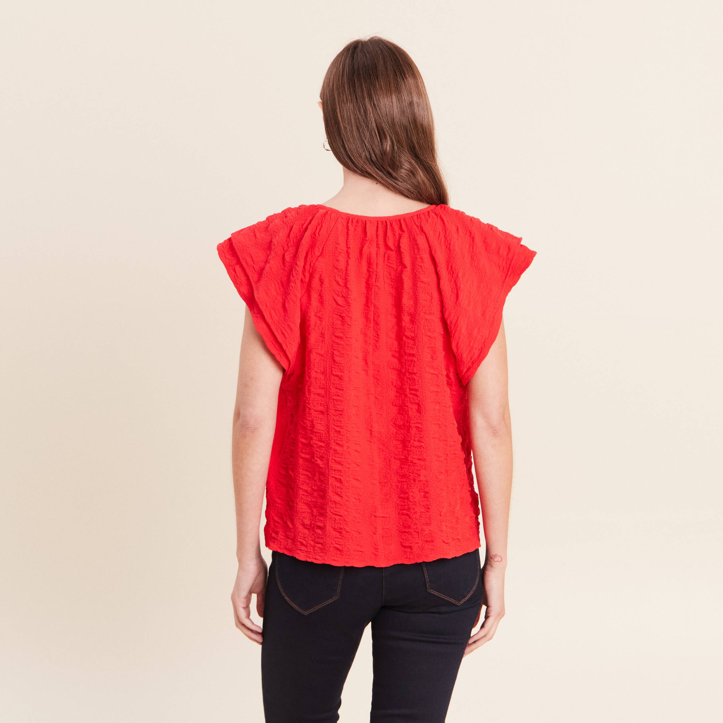 Blouse col v manches courtes fluide rouge femme