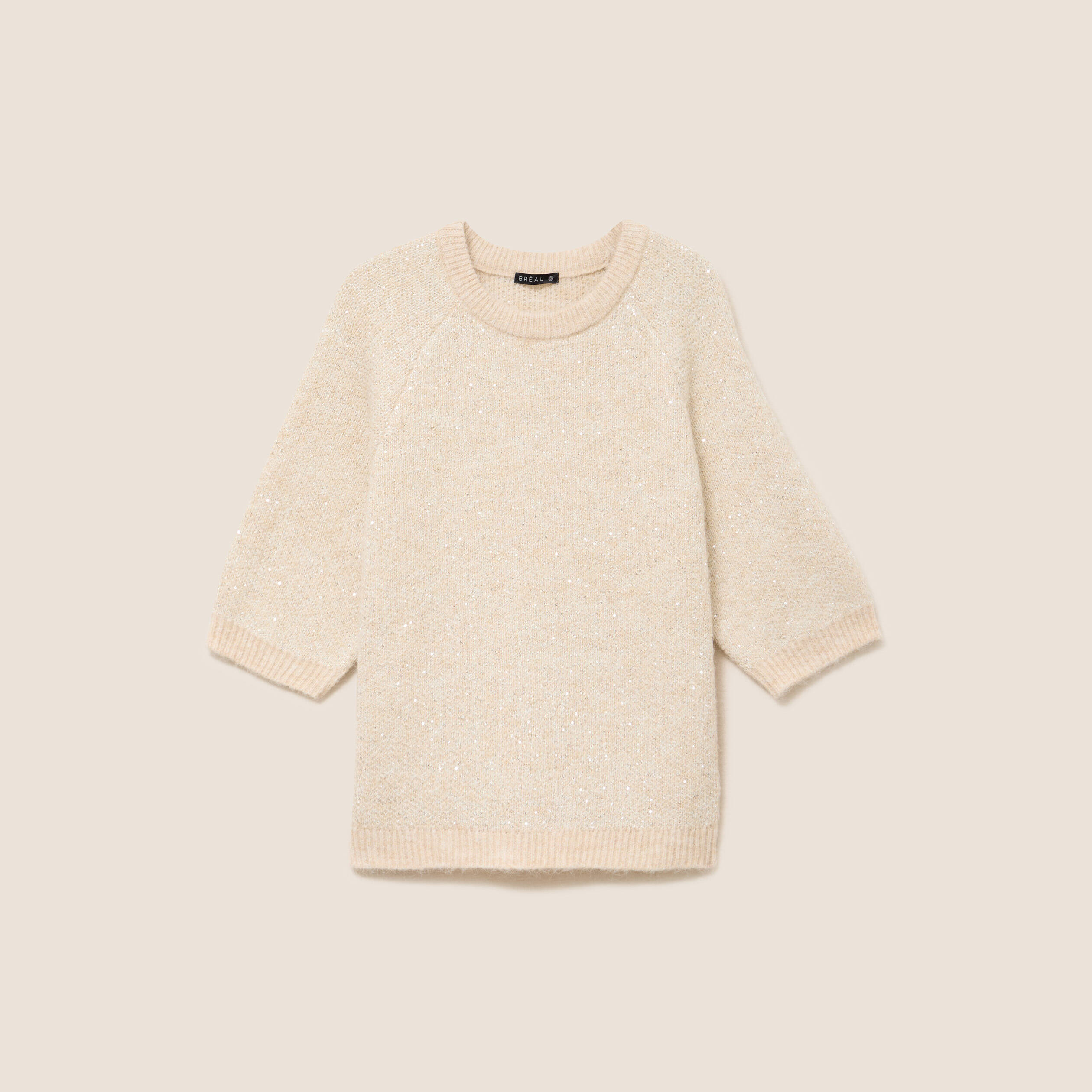 Pull col rond &agrave; sequins beige femme