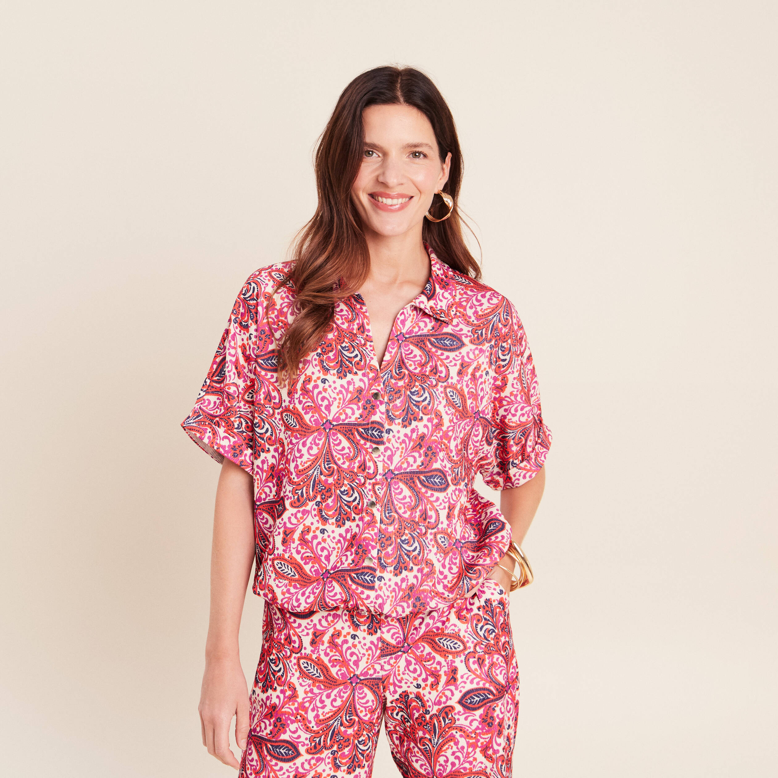 Chemisette manches courtes rose corail femme