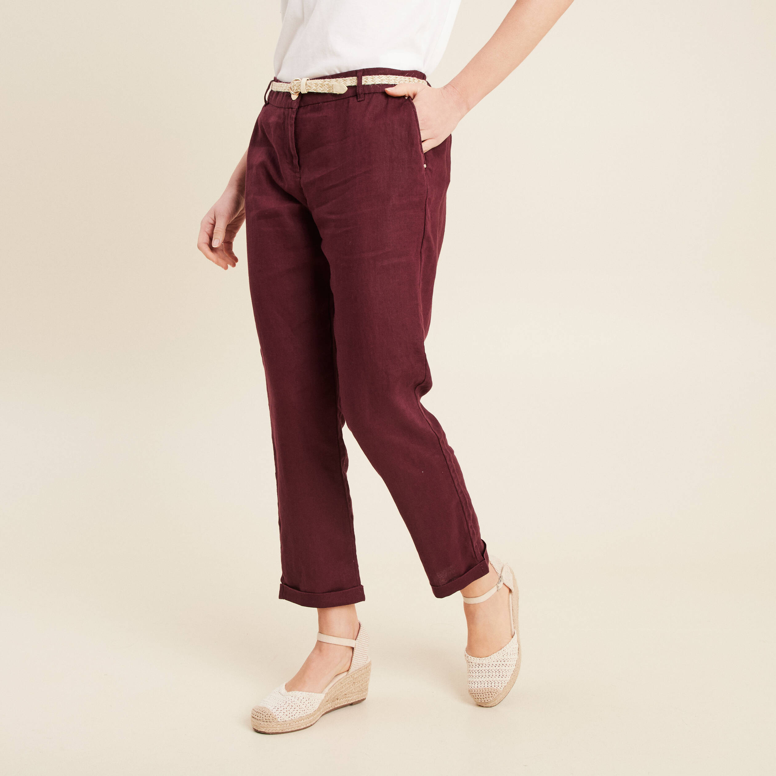 pantalon flou ceinture prune femme Pantalon flou ceinturé prune femme