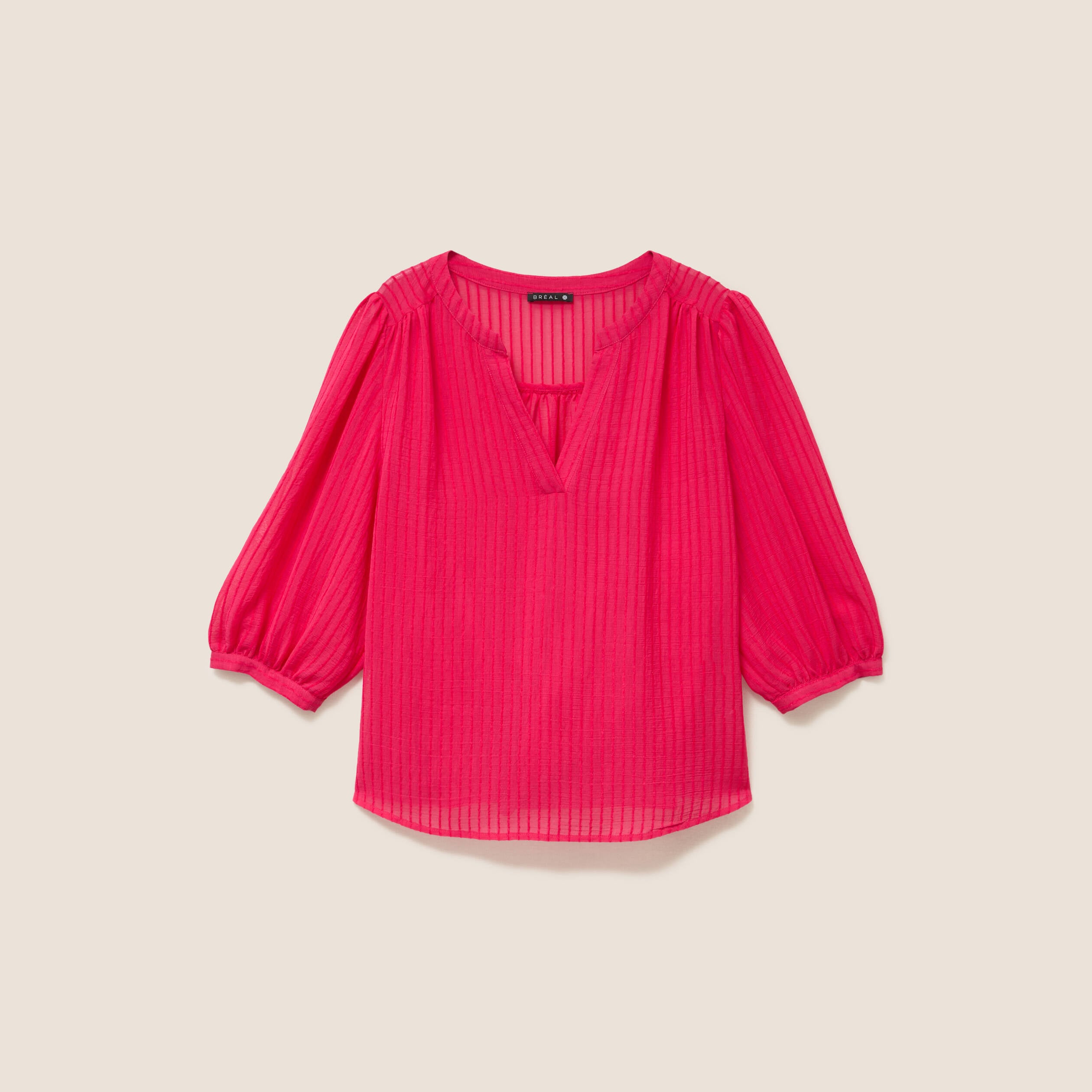 Blouse ample col tunisien manches 3/4 rose fushia femme