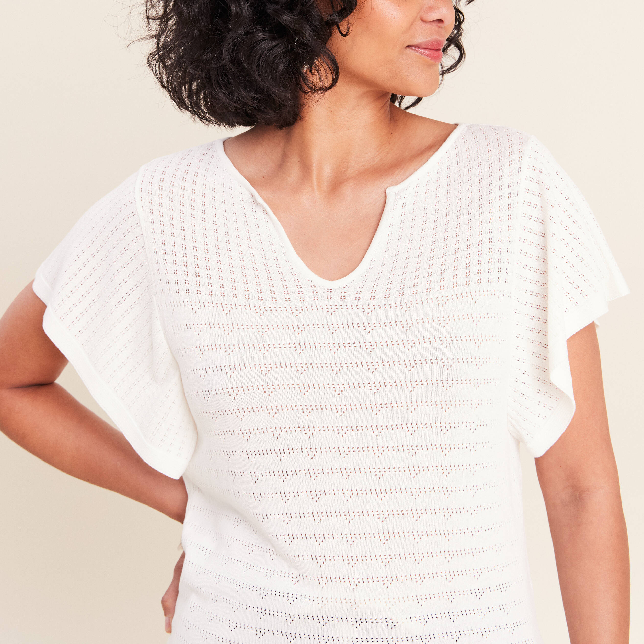 Pull col tunisien manches courtes ecru femme