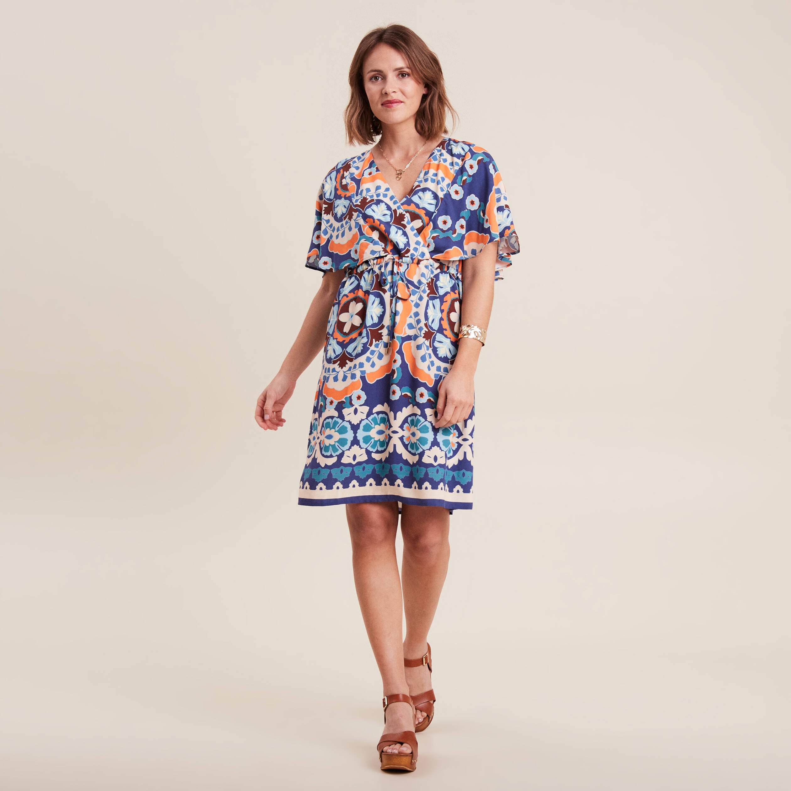 Robe droite col cache-coeur bleu femme