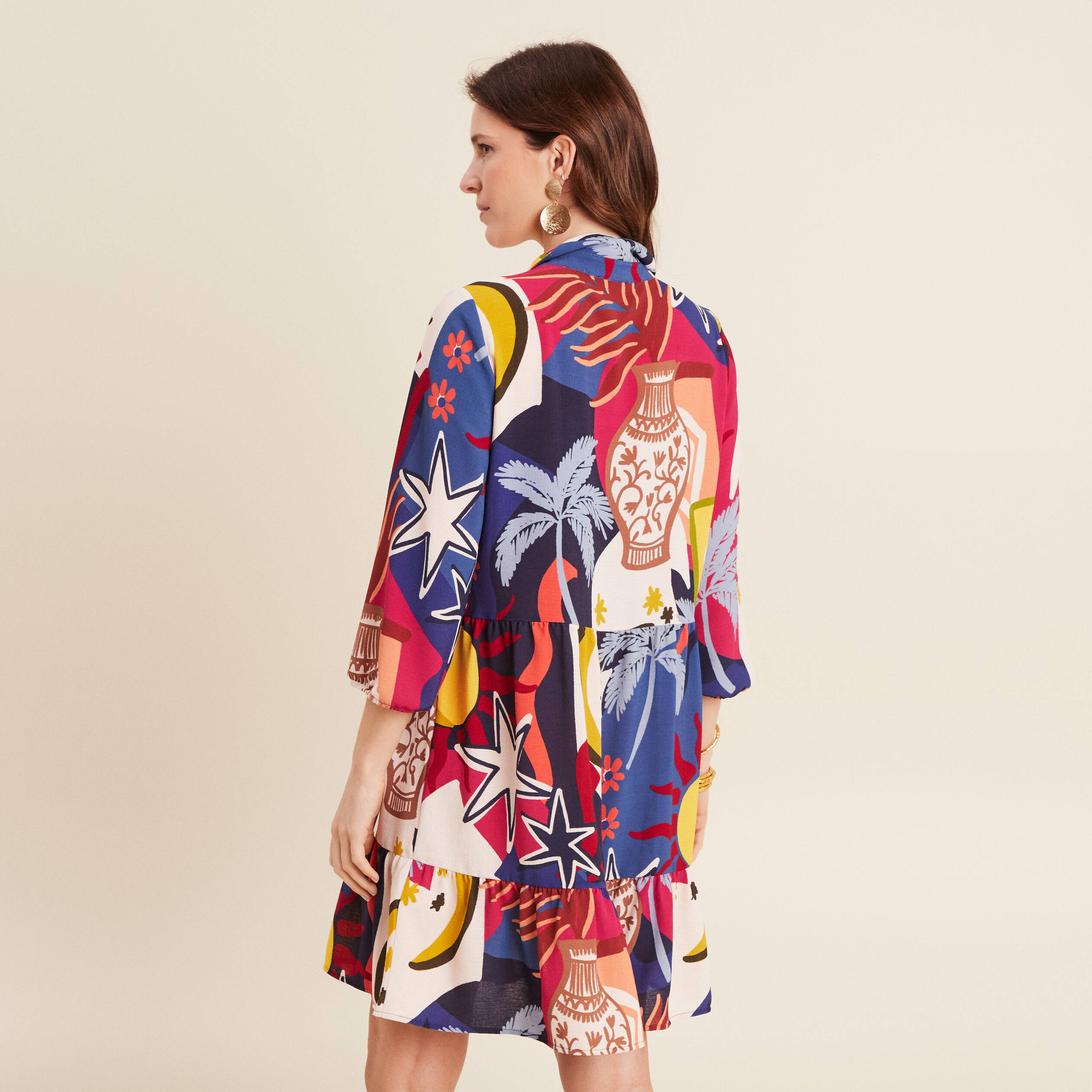 Robe courte &eacute;vas&eacute;e manches 3/4 bleu femme