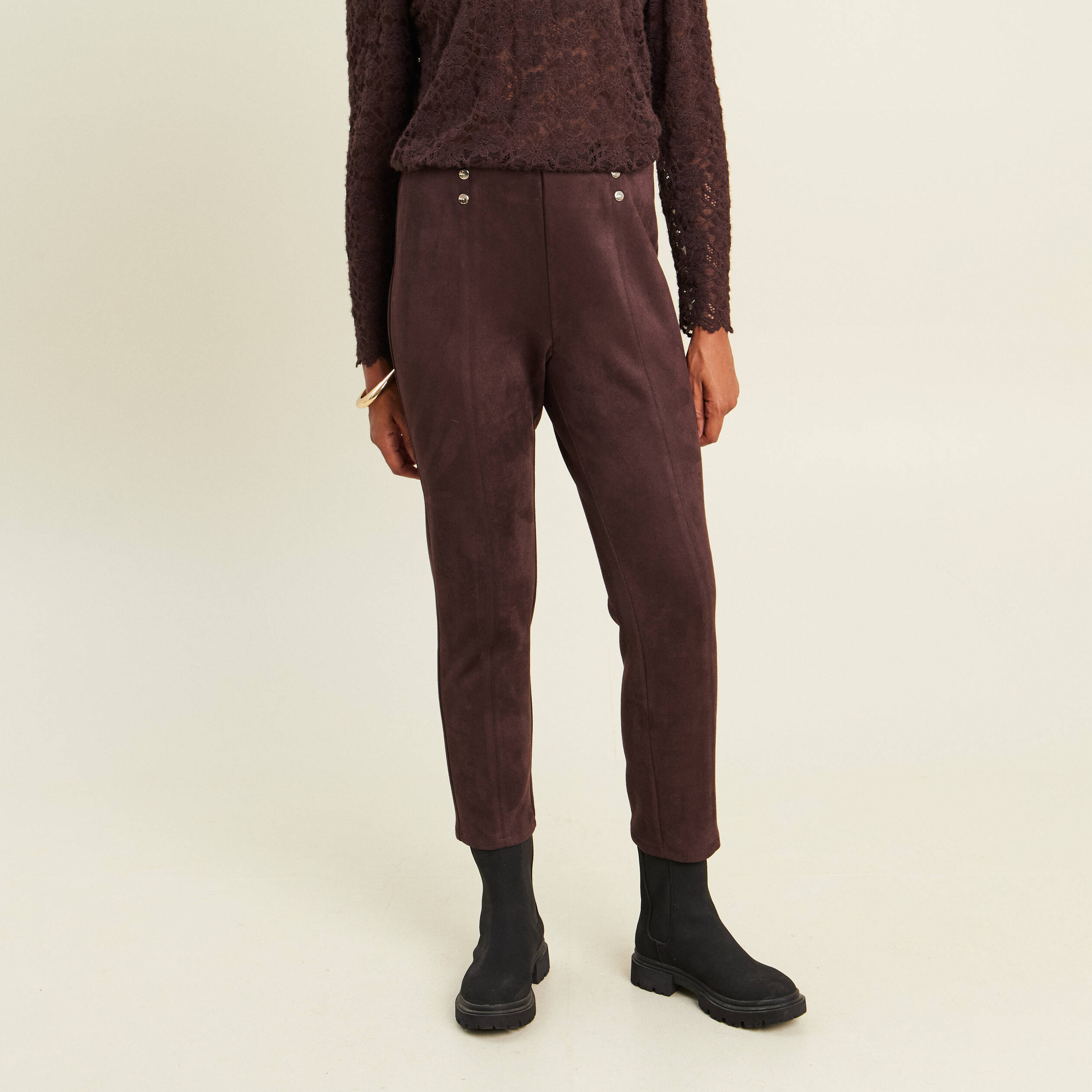 Legging 7/8&egrave;me taille haute aspect daim marron fonc&eacute; femme