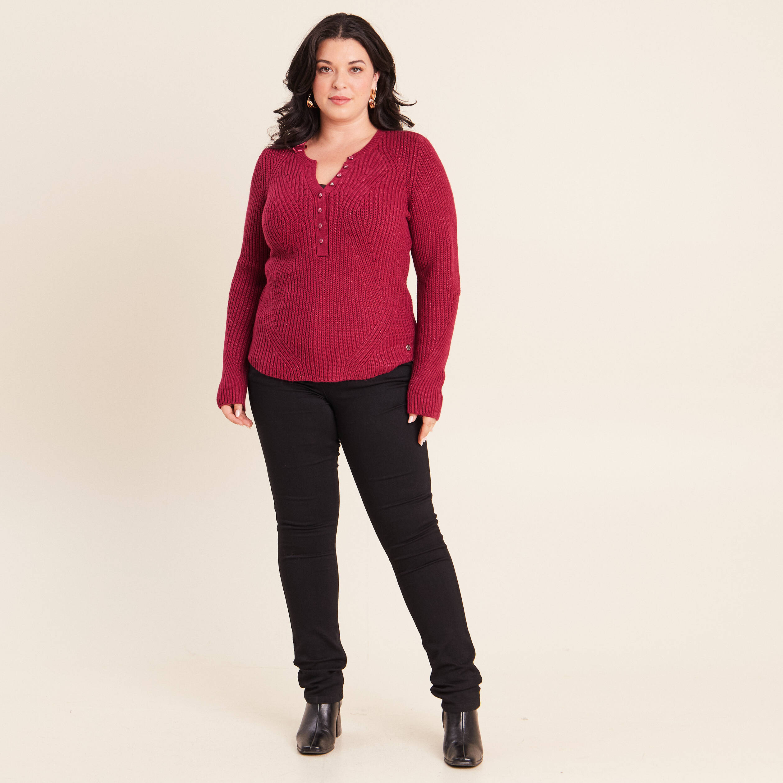 Pull manches longues rouge fonc&eacute; femme