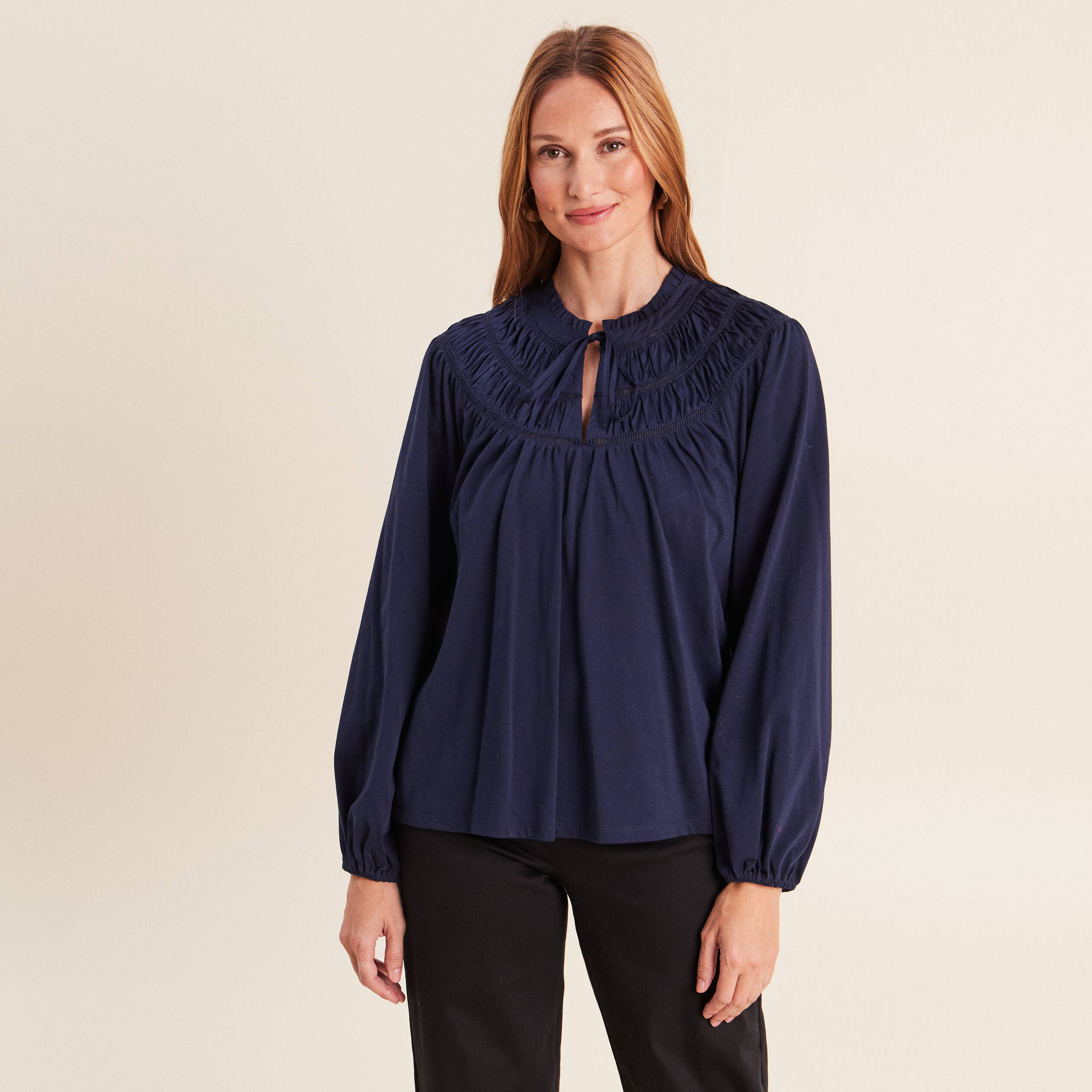 Blouse col tunisien manches longues bleu marine femme