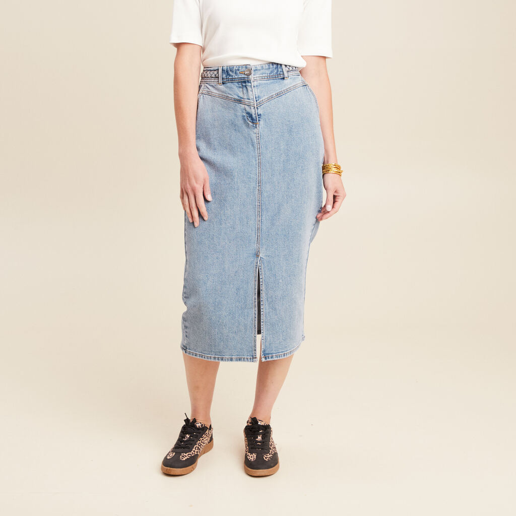 jupe longue droite taille haute en jean denim double stone femme Jupe longue droite taille haute en jean denim double stone femme