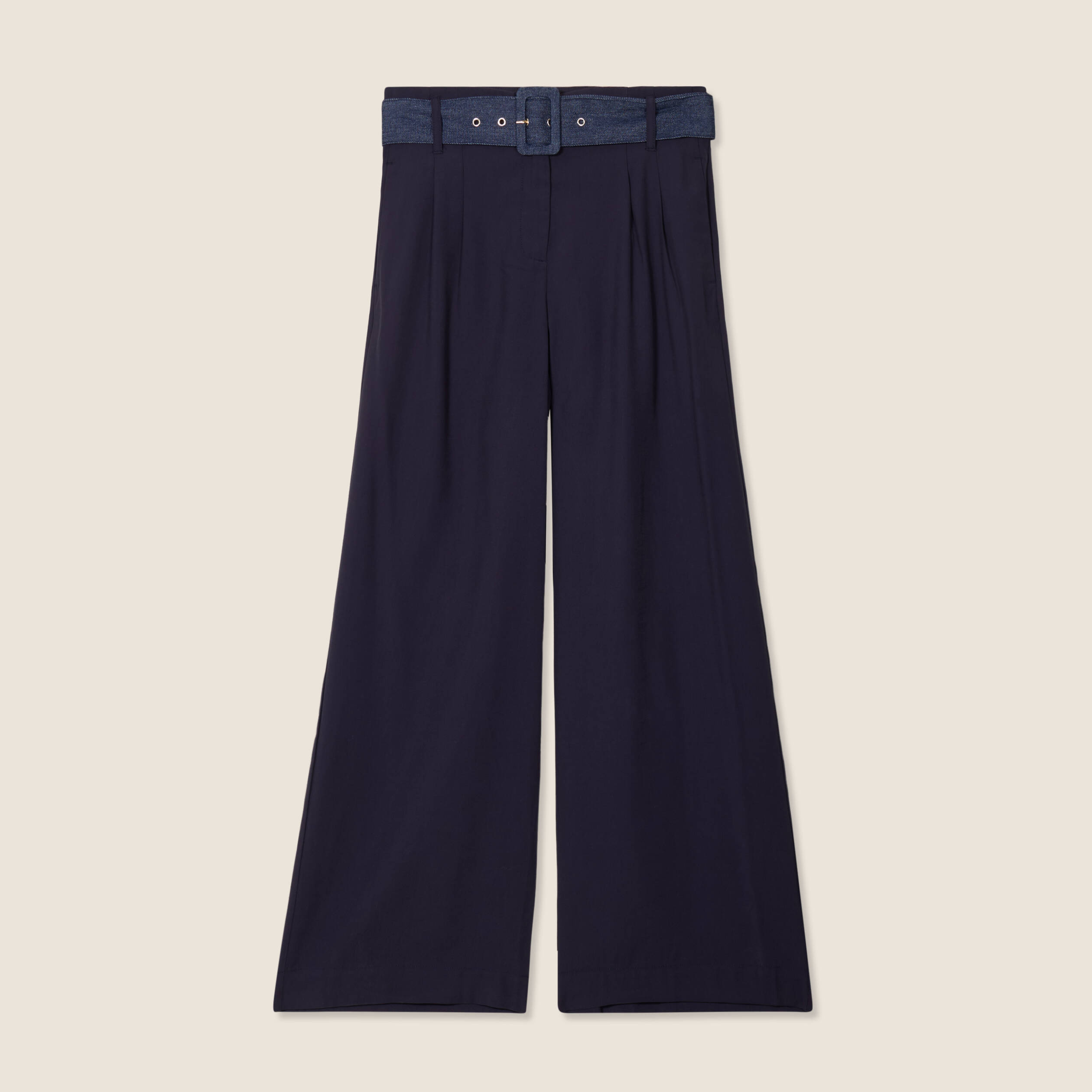 pantalon large ceinture bleu fonce femme Pantalon large ceinturé bleu foncé femme