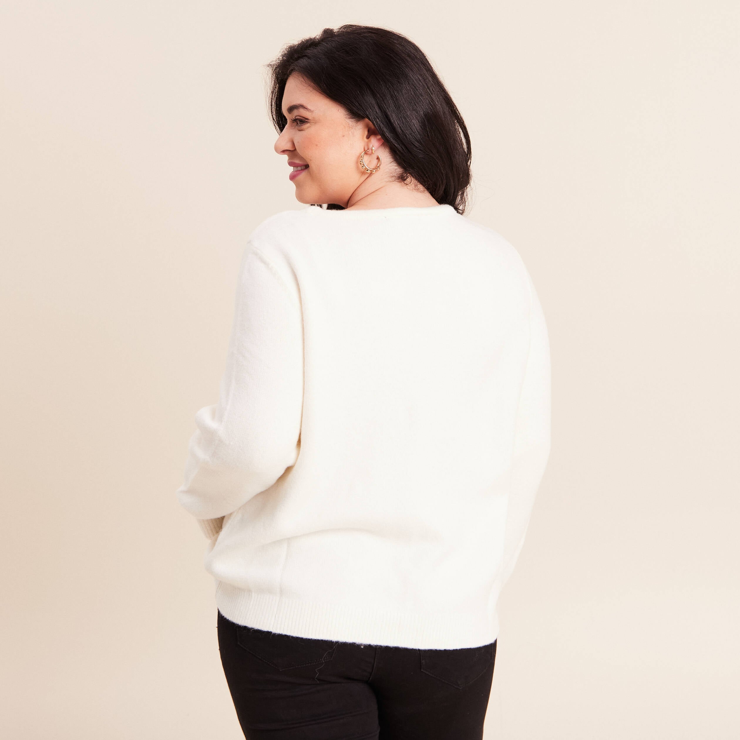 Pull brod&eacute; col rond manches longues ecru femme