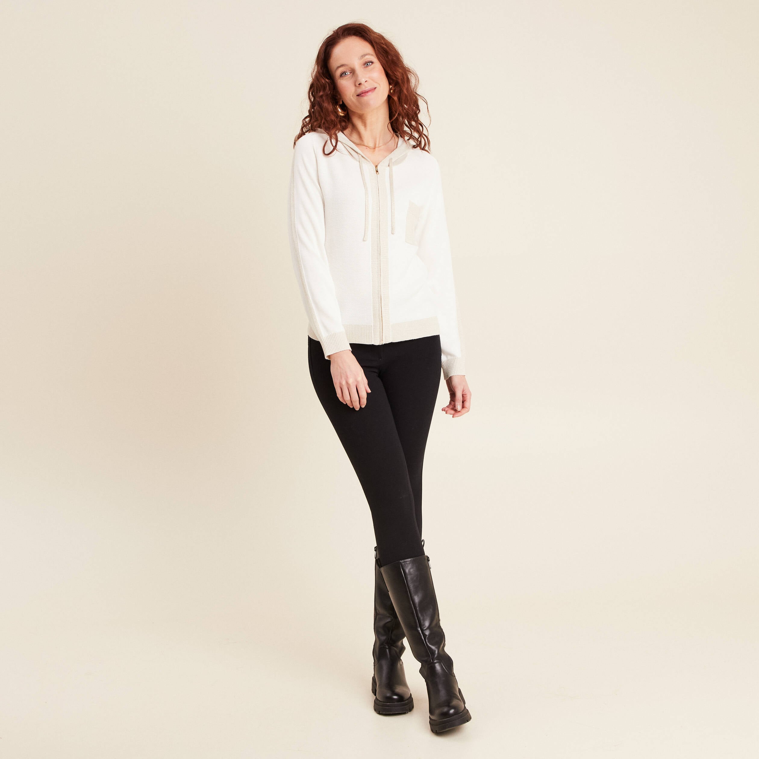 Sweat &agrave; capuche zipp&eacute; ecru femme