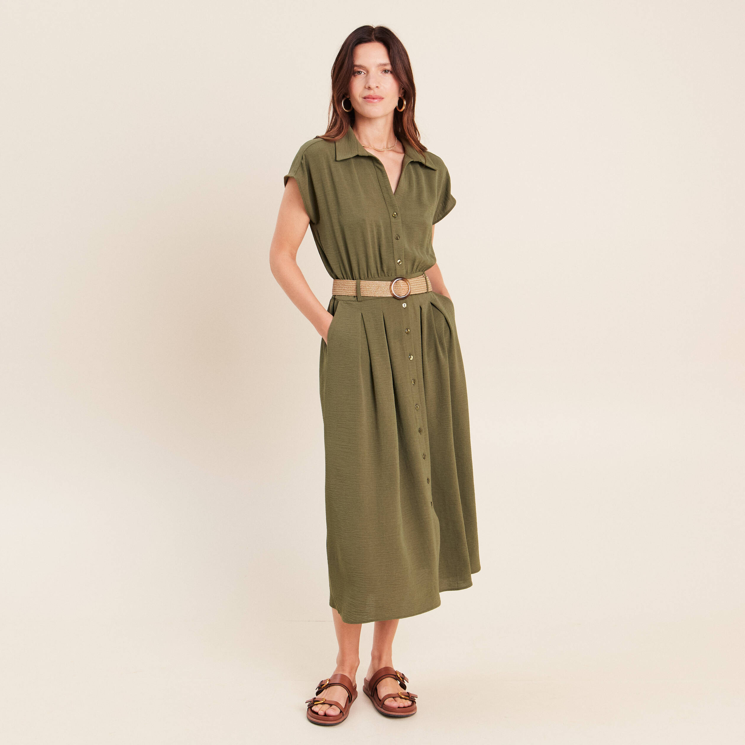 Robe patineuse 3/4 col chemise vert kaki femme