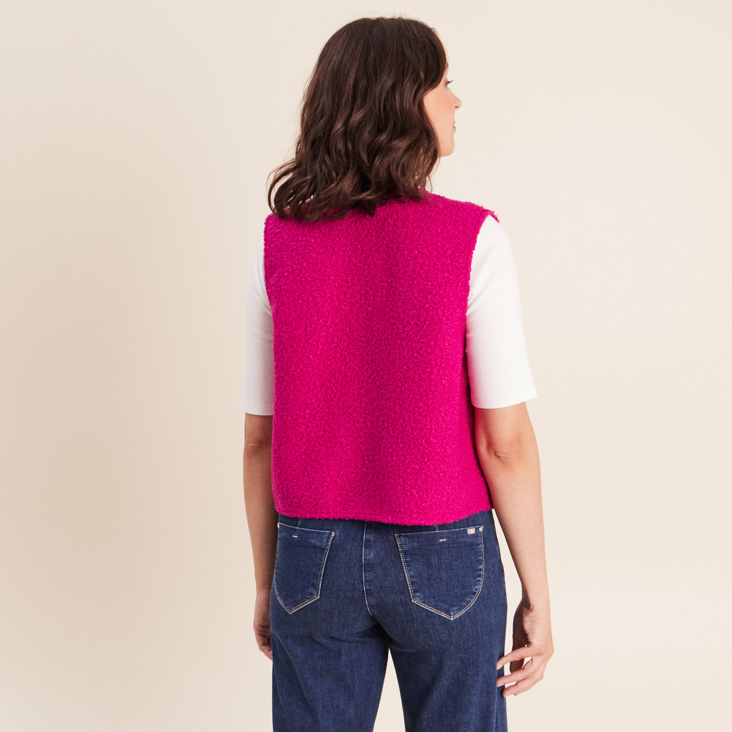 Gilet sans manches bouclette poches rose fushia femme