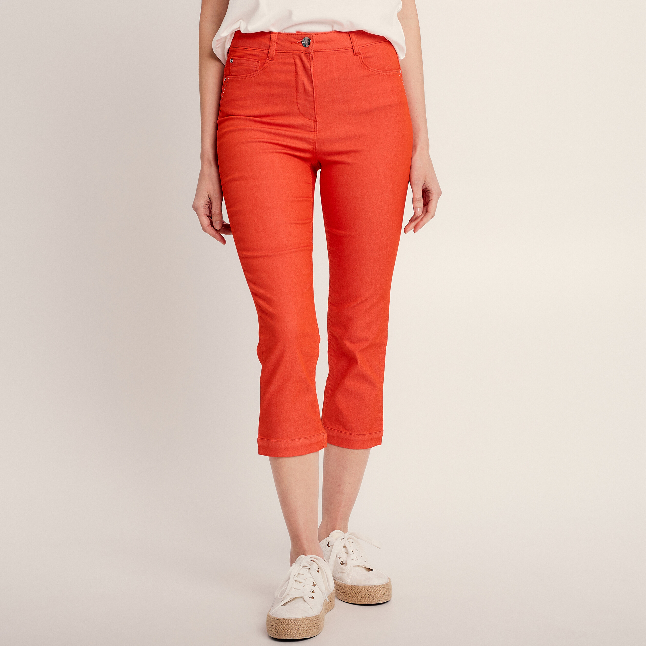 Pantacourt droit taille haute orange femme