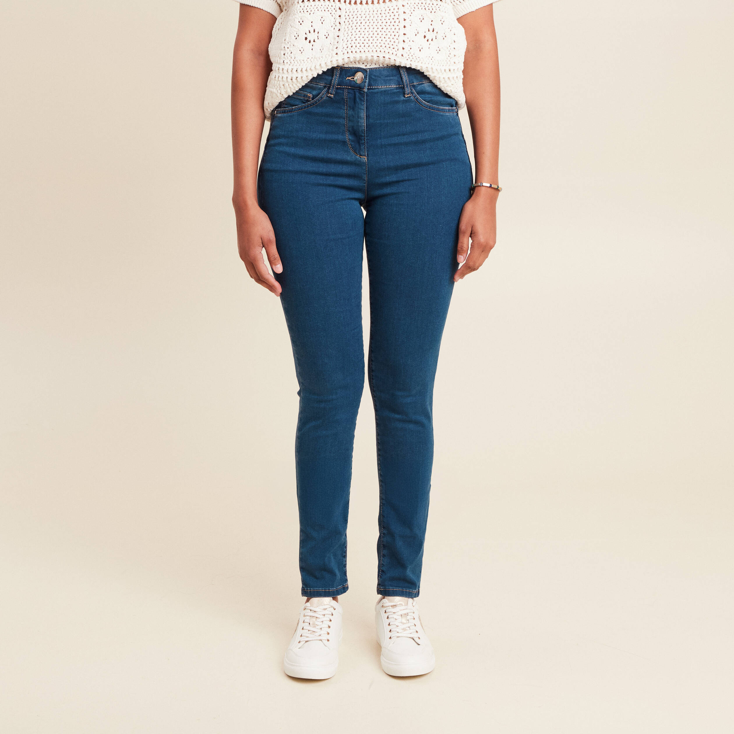 jeans leger taille haute long denim double stone femme Jeans léger taille haute long denim double stone femme