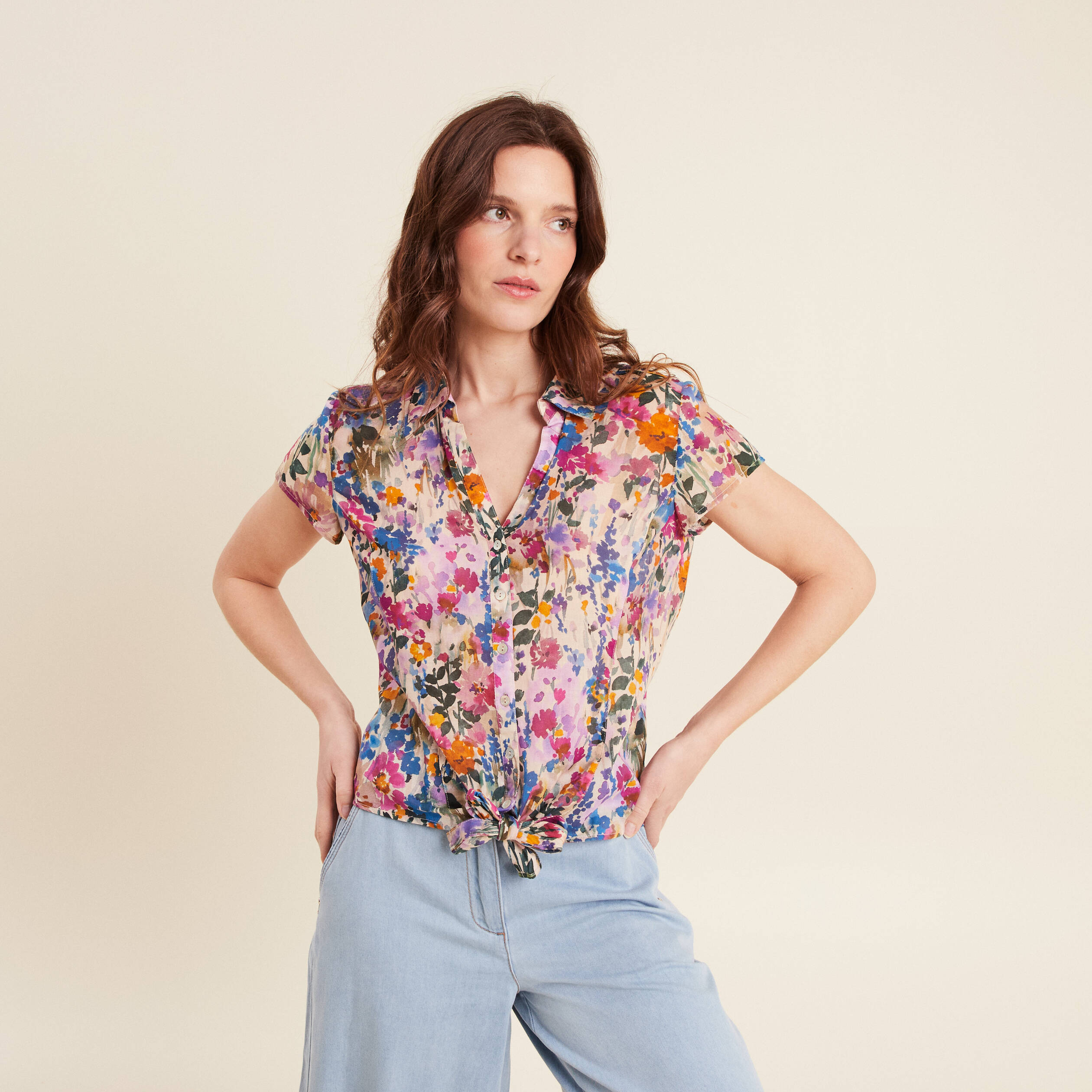 Blouse Surchemise Violet Femme Chemise Manches Courtes Nouée