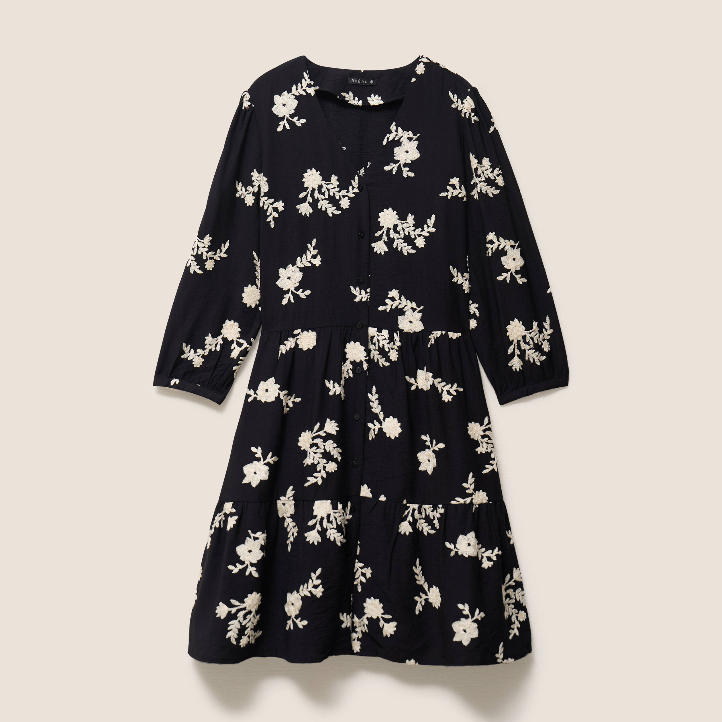Robe courte &eacute;vas&eacute;e col v manches 3/4 noir femme