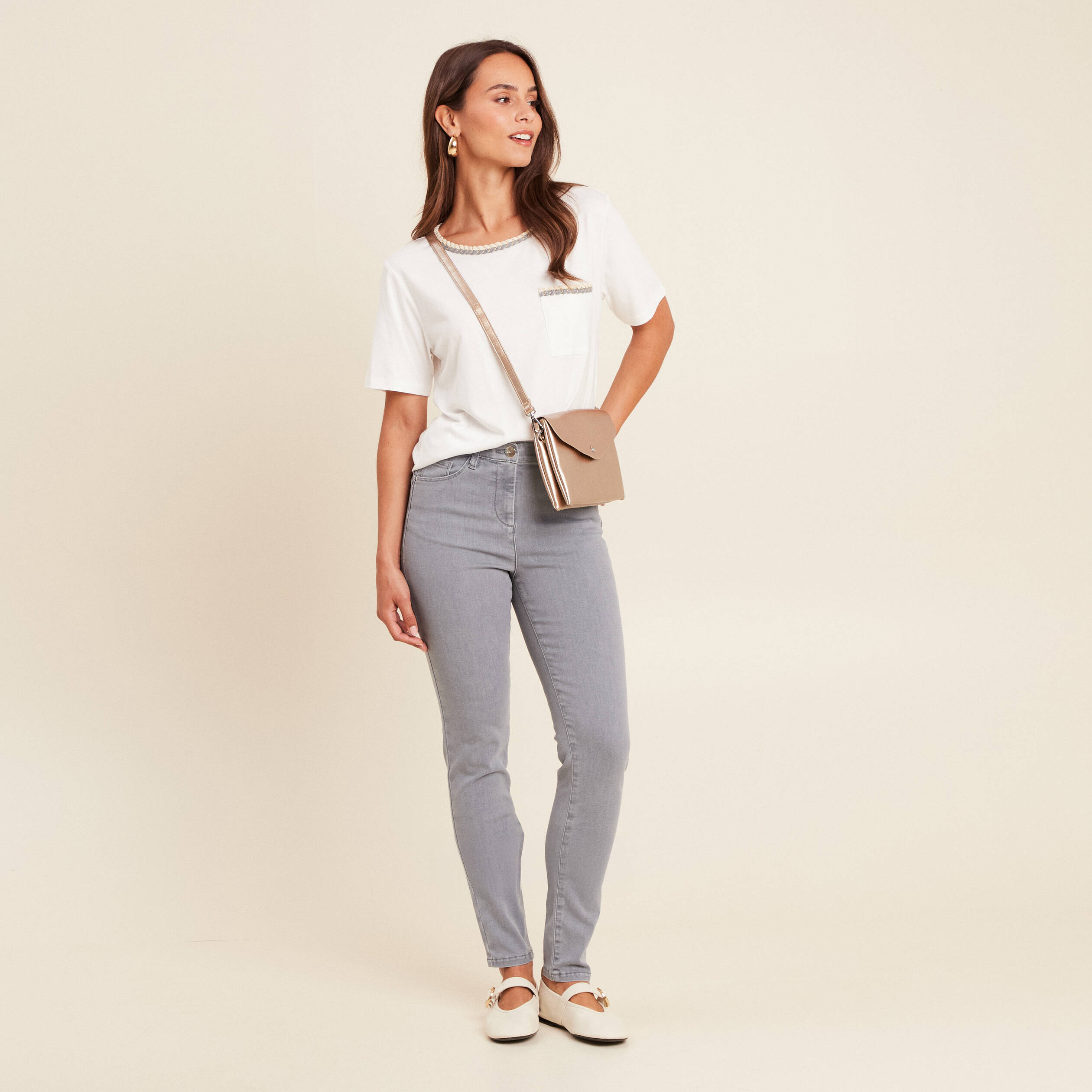 T-shirt col rond manches coudes tressé ecru femme