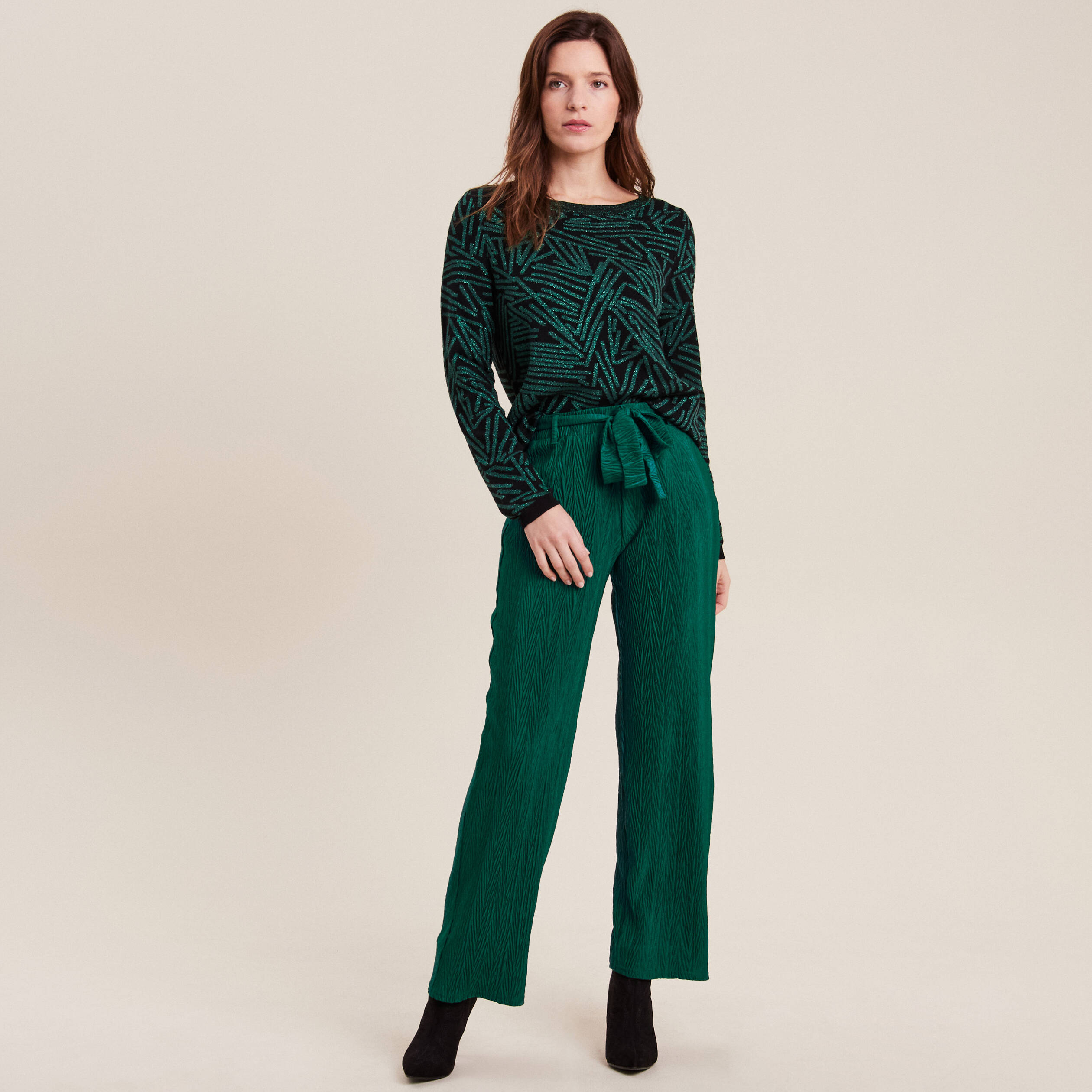 pantalon large ceinture vert femme Pantalon large ceinturé vert femme