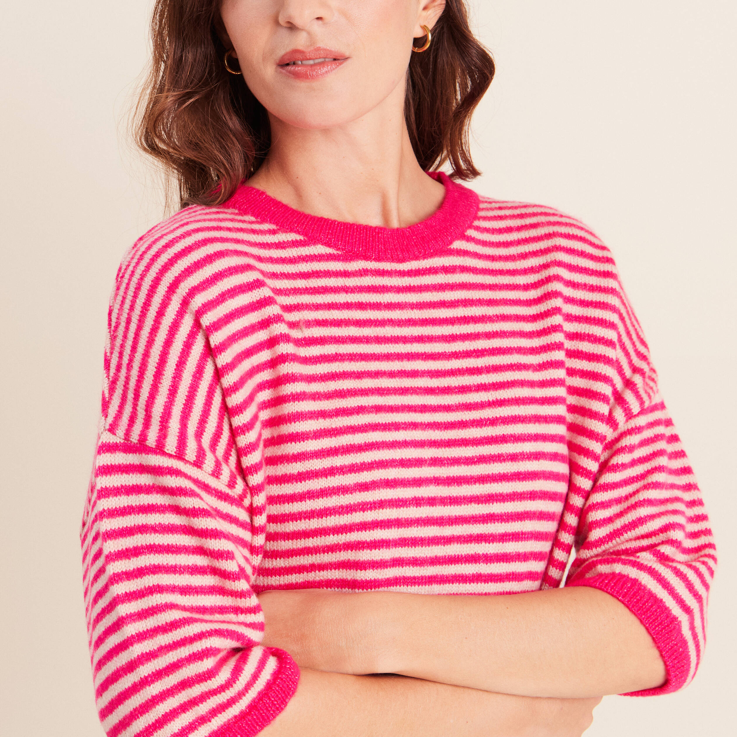 Pull droit col rond manches 3/4 rose femme