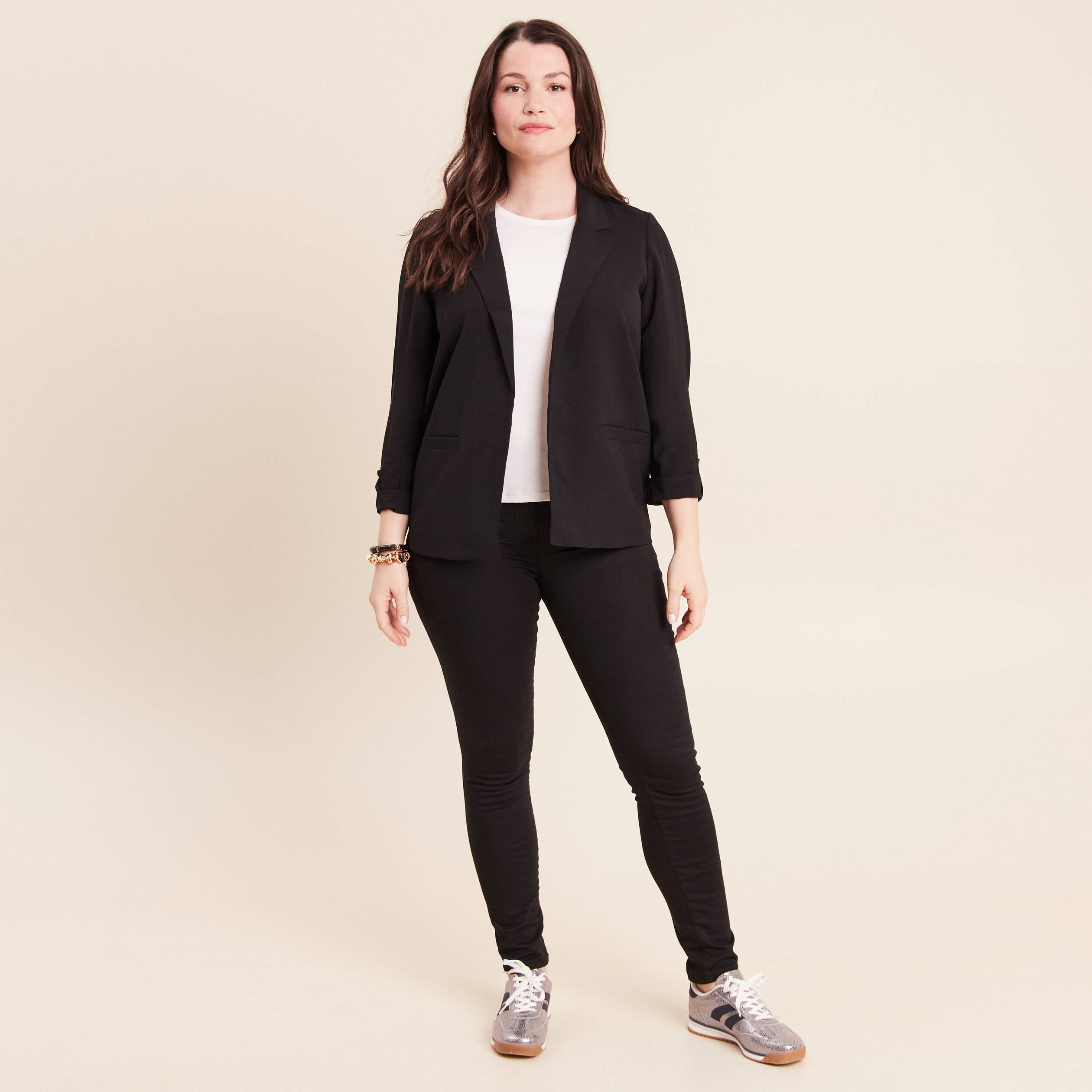 Veste longue droite col tailleur noir femme