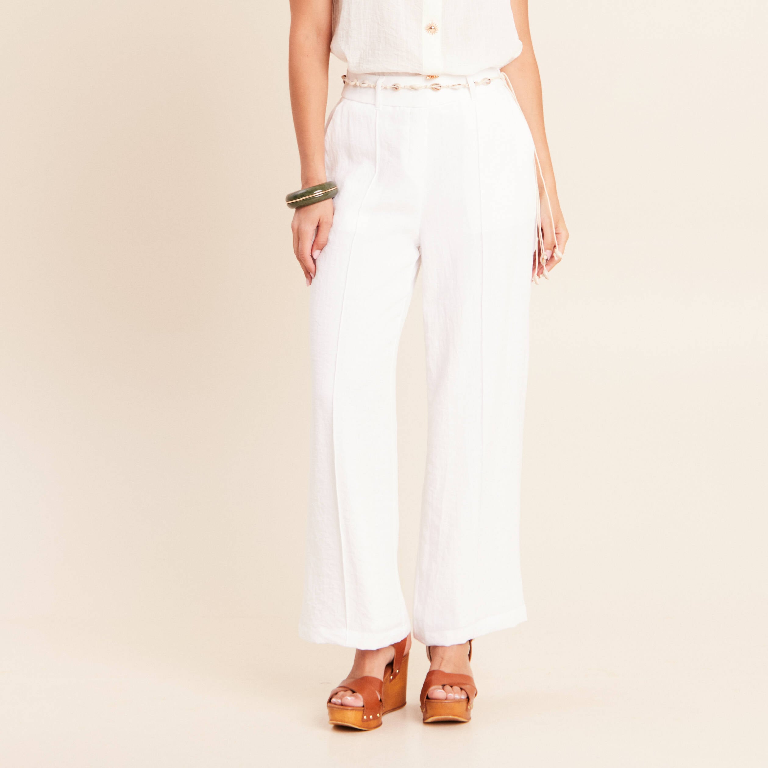 Pantalon large taille haute aspect lin blanc femme