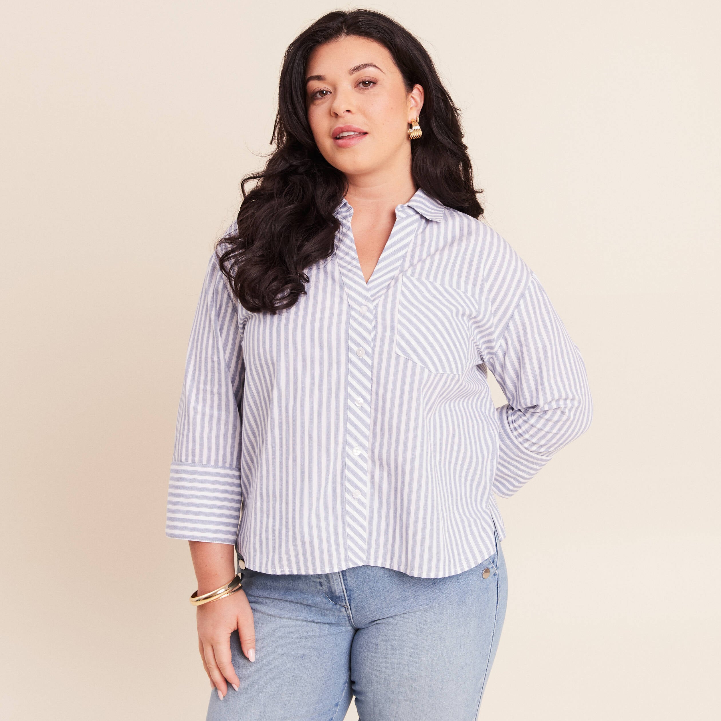 Chemise manches 3/4 bleu femme