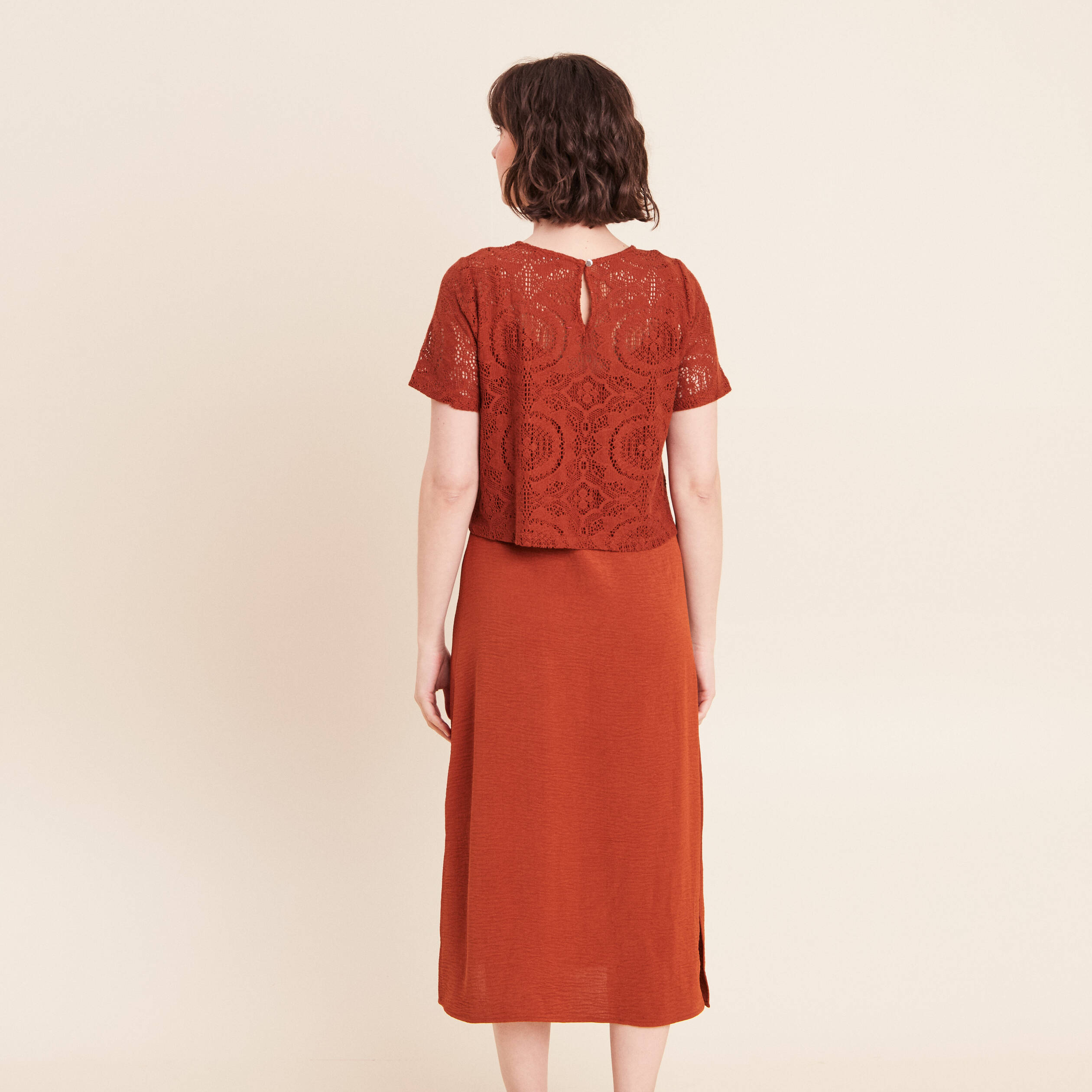 Robe 2 en 1 col rond marron fonc&eacute; femme